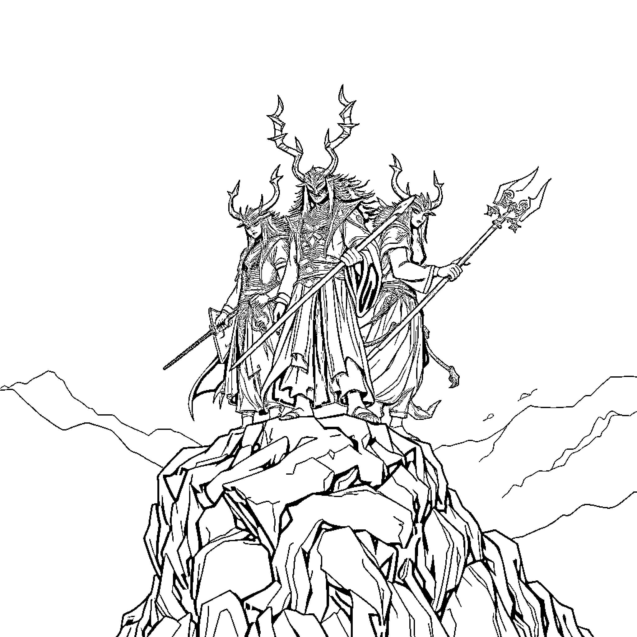 Demon Hunter wielding powerful weapons on rocky cliffs Coloring Page (free black-and-white line drawing printable PDF for all, from beginners to advanced learners, including children, teens, adults, and seniors)