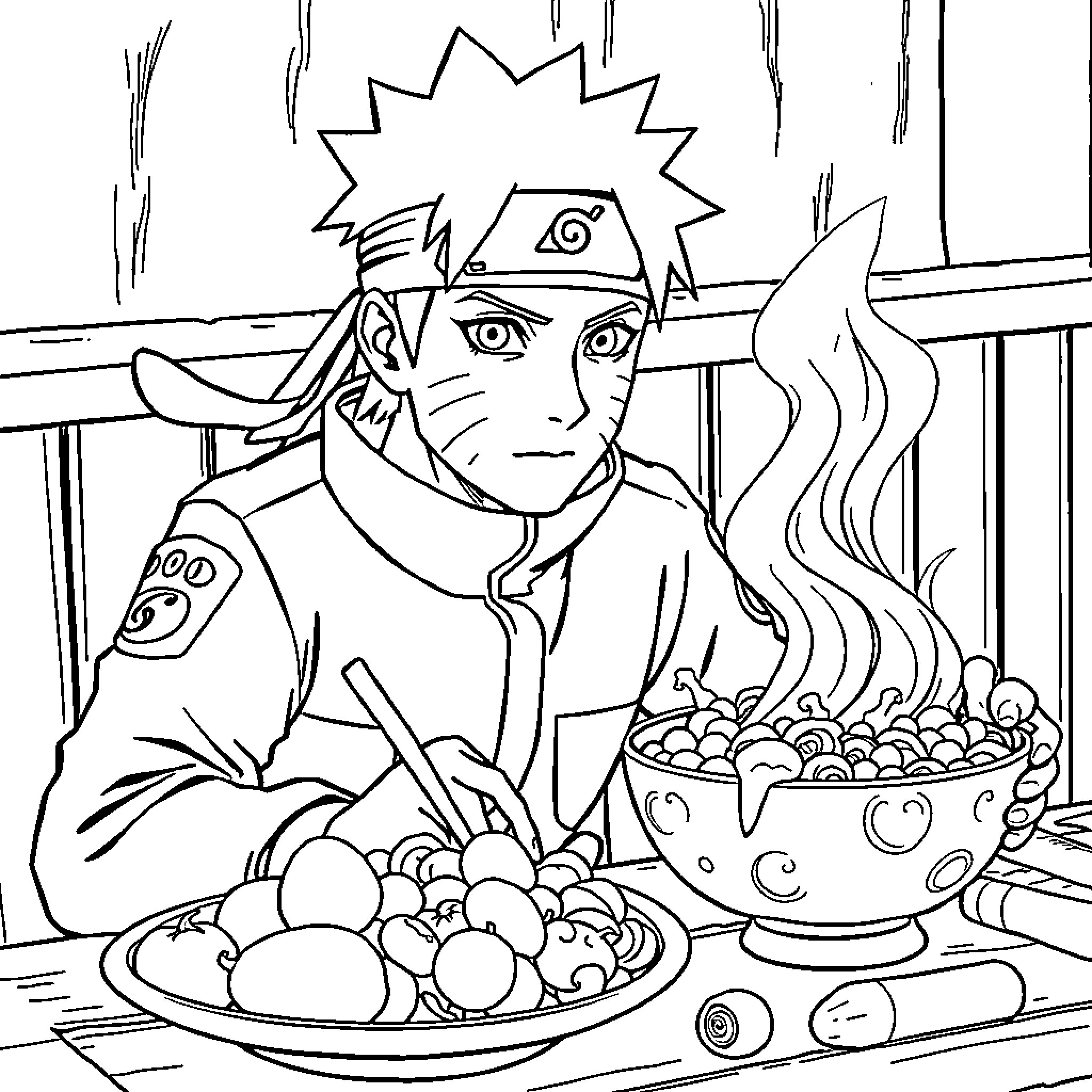 Naruto enjoying a bowl of ramen Coloring Page (free black-and-white line drawing printable PDF for all, from beginners to advanced learners, including children, teens, adults, and seniors)