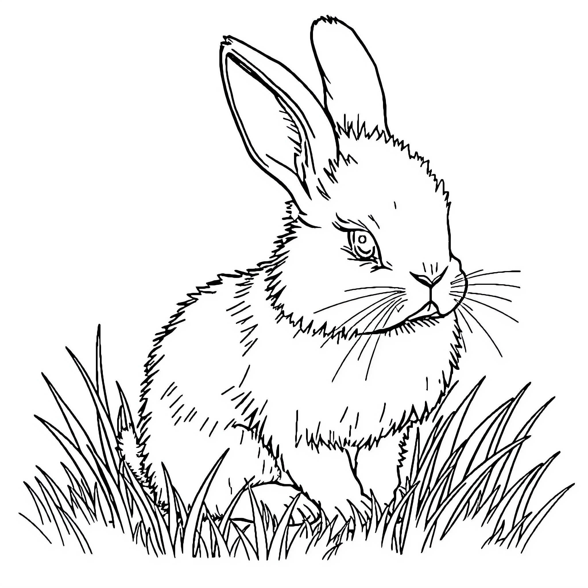 Rabbit resting in a grassy field Coloring Page (free black-and-white line drawing printable PDF for all, from beginners to advanced learners, including children, teens, adults, and seniors)