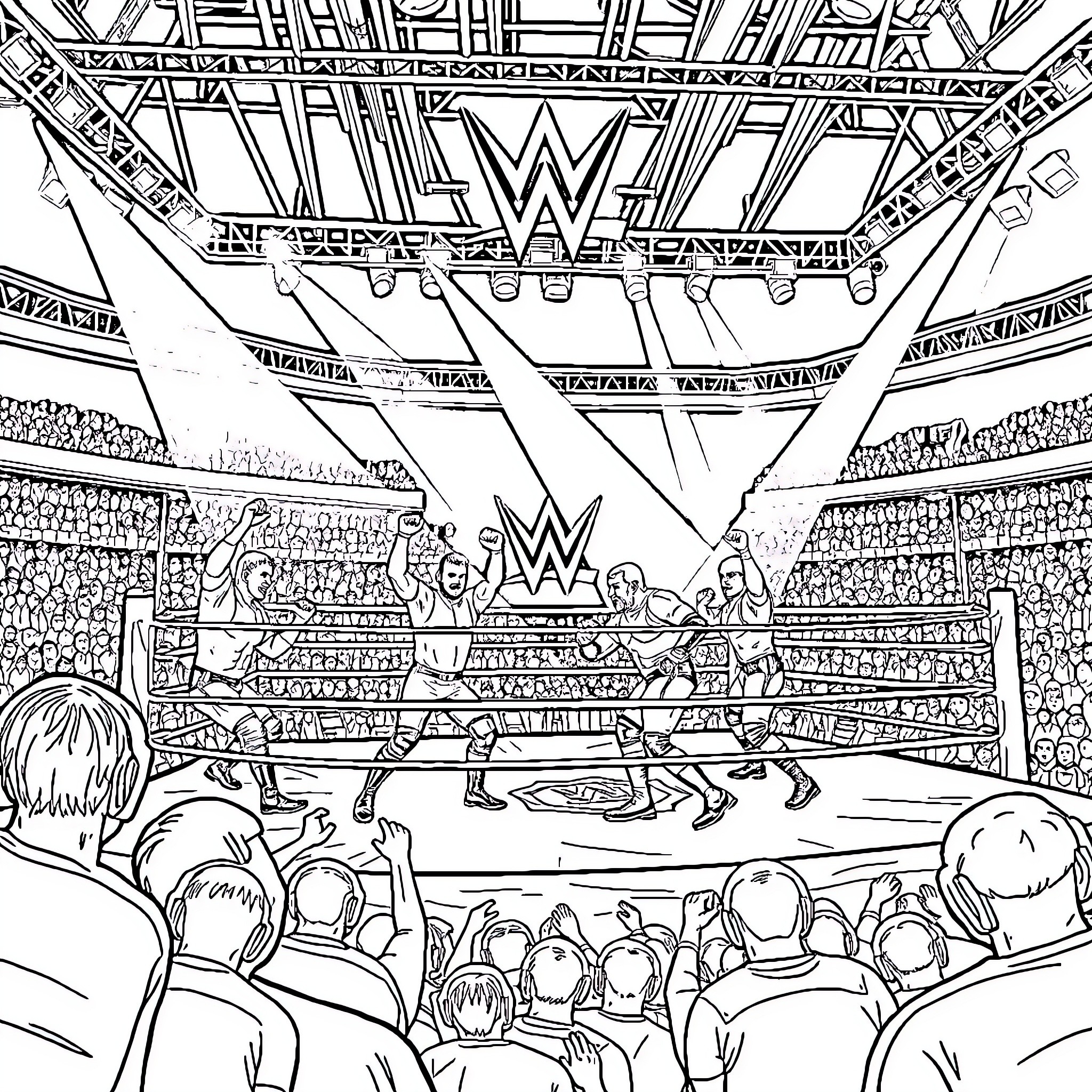 WWE Arena with Wrestlers Engaged in Action Coloring Page (free black-and-white line drawing printable PDF for all, from beginners to advanced learners, including children, teens, adults, and seniors)