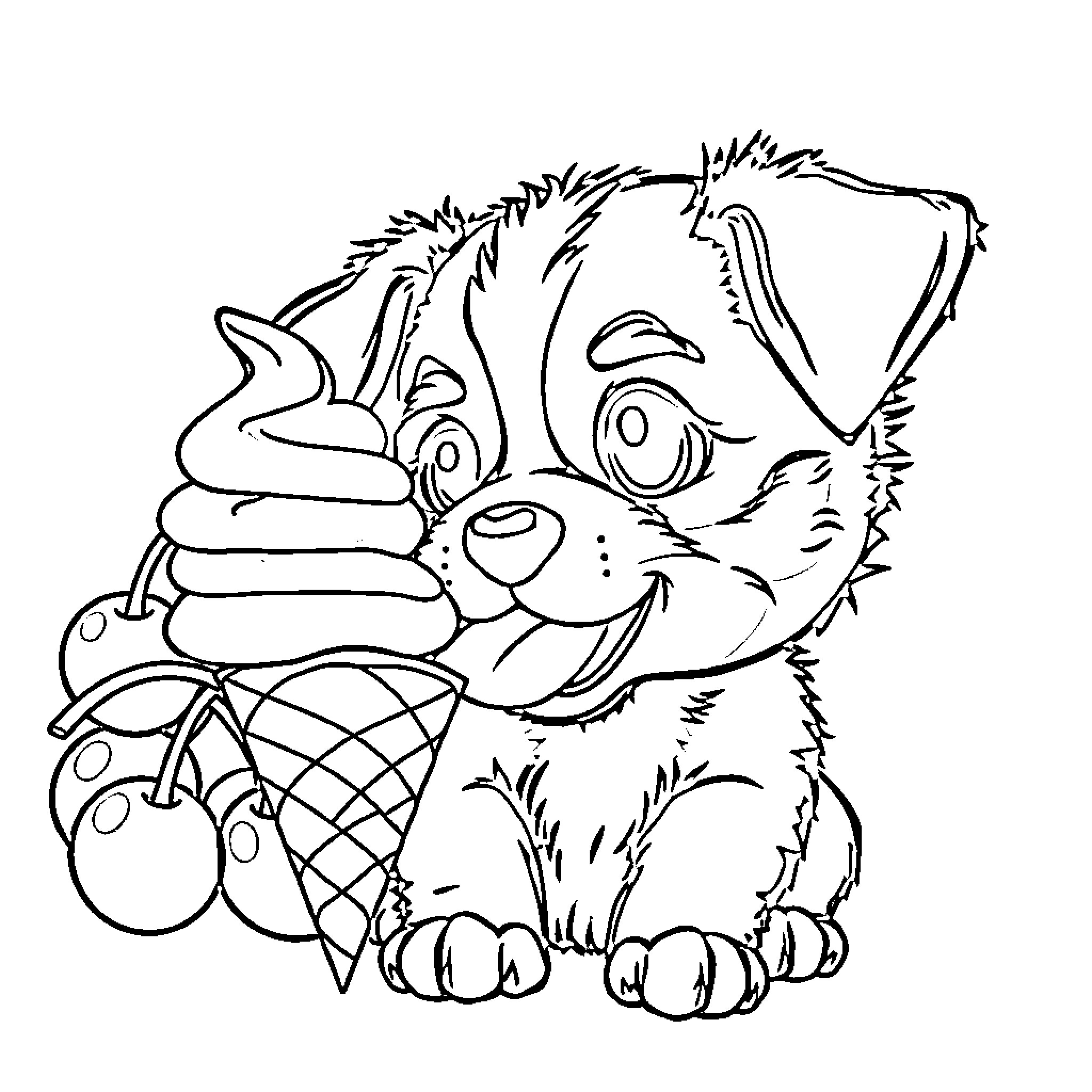 Puppy enjoying an ice cream treat Coloring Page (free black-and-white line drawing printable PDF for all, from beginners to advanced learners, including children, teens, adults, and seniors)