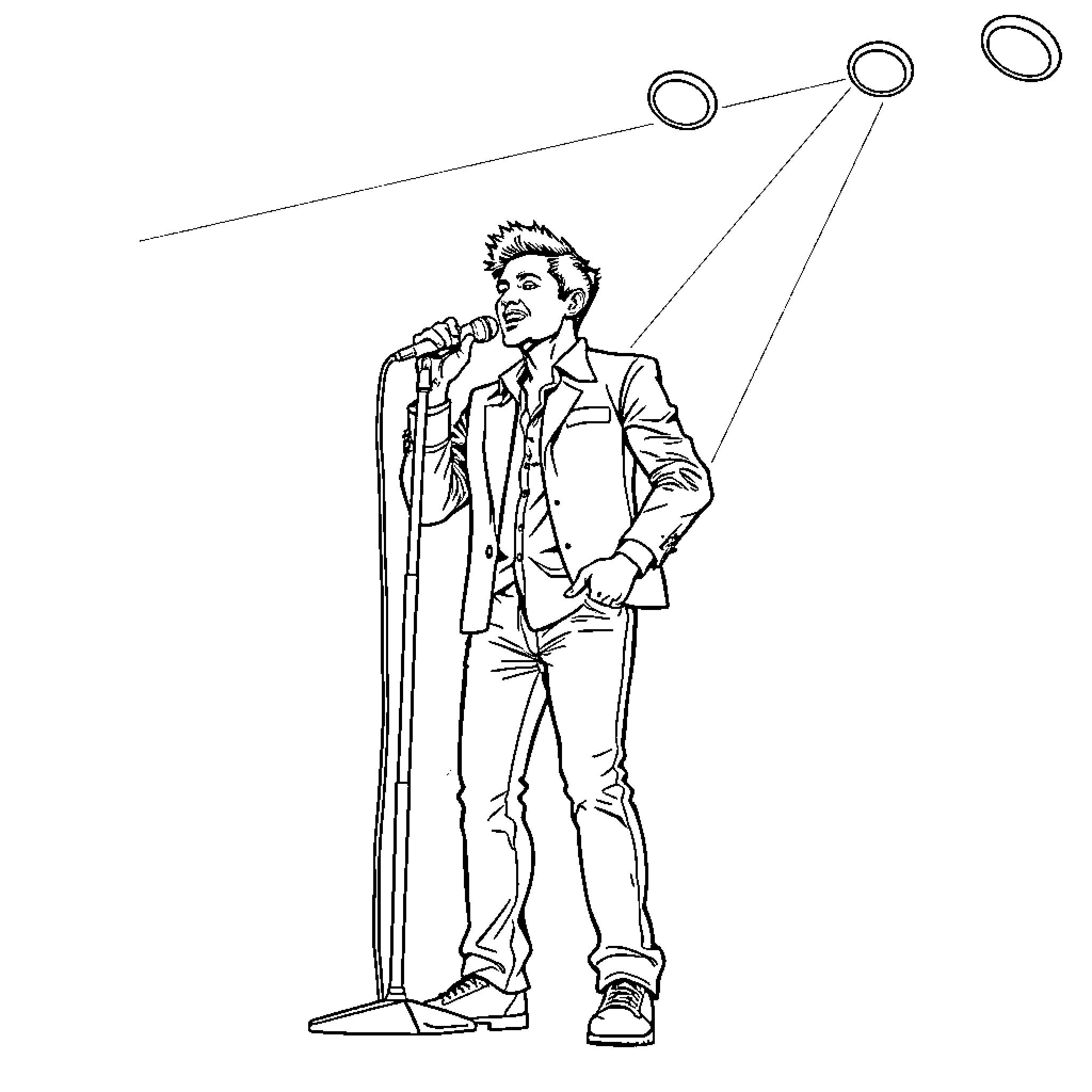 Singer performing on stage with microphone Coloring Page (free black-and-white line drawing printable PDF for all, from beginners to advanced learners, including children, teens, adults, and seniors)