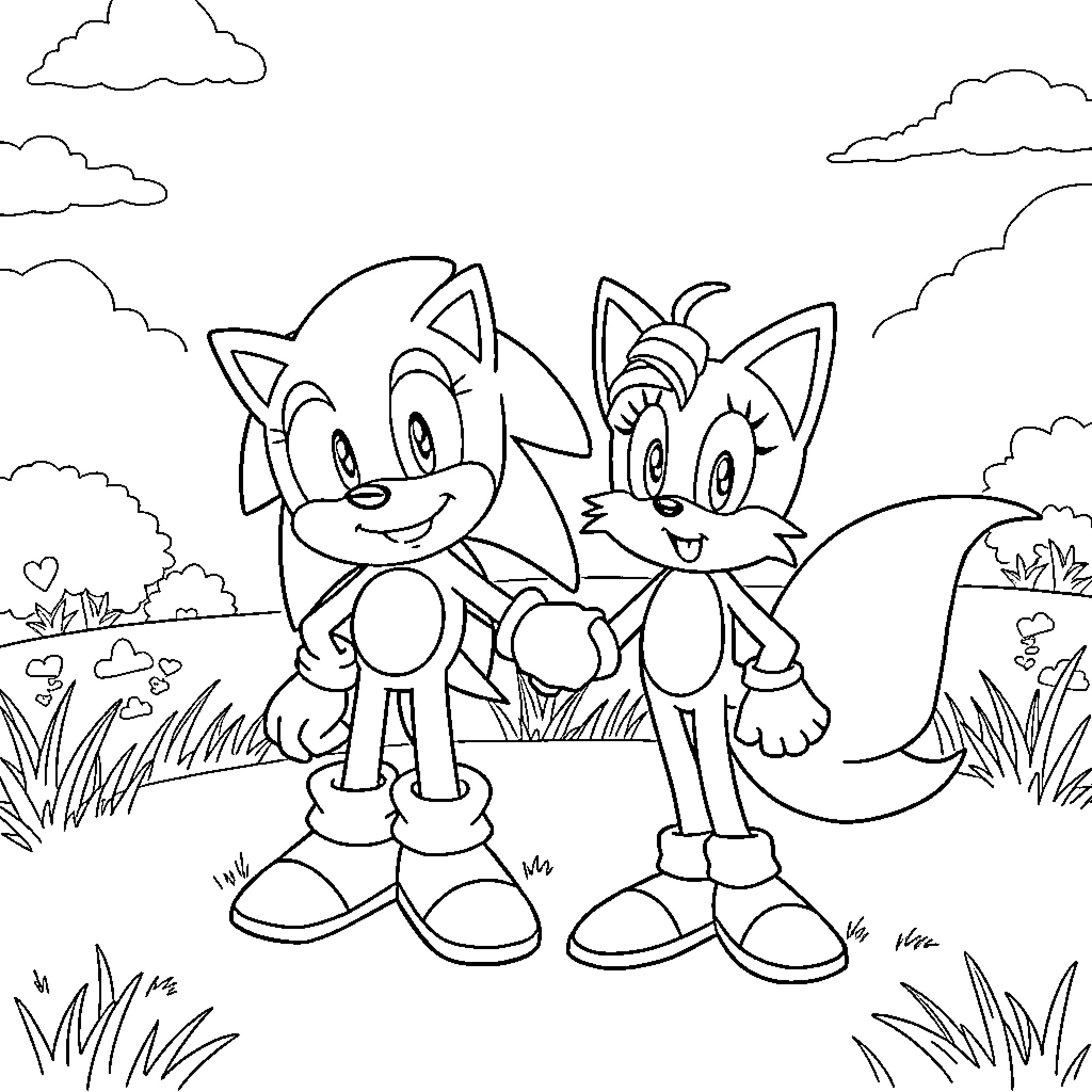 Sonic characters in a lively outdoor scene Coloring Page (free black-and-white line drawing printable PDF for all, from beginners to advanced learners, including children, teens, adults, and seniors)