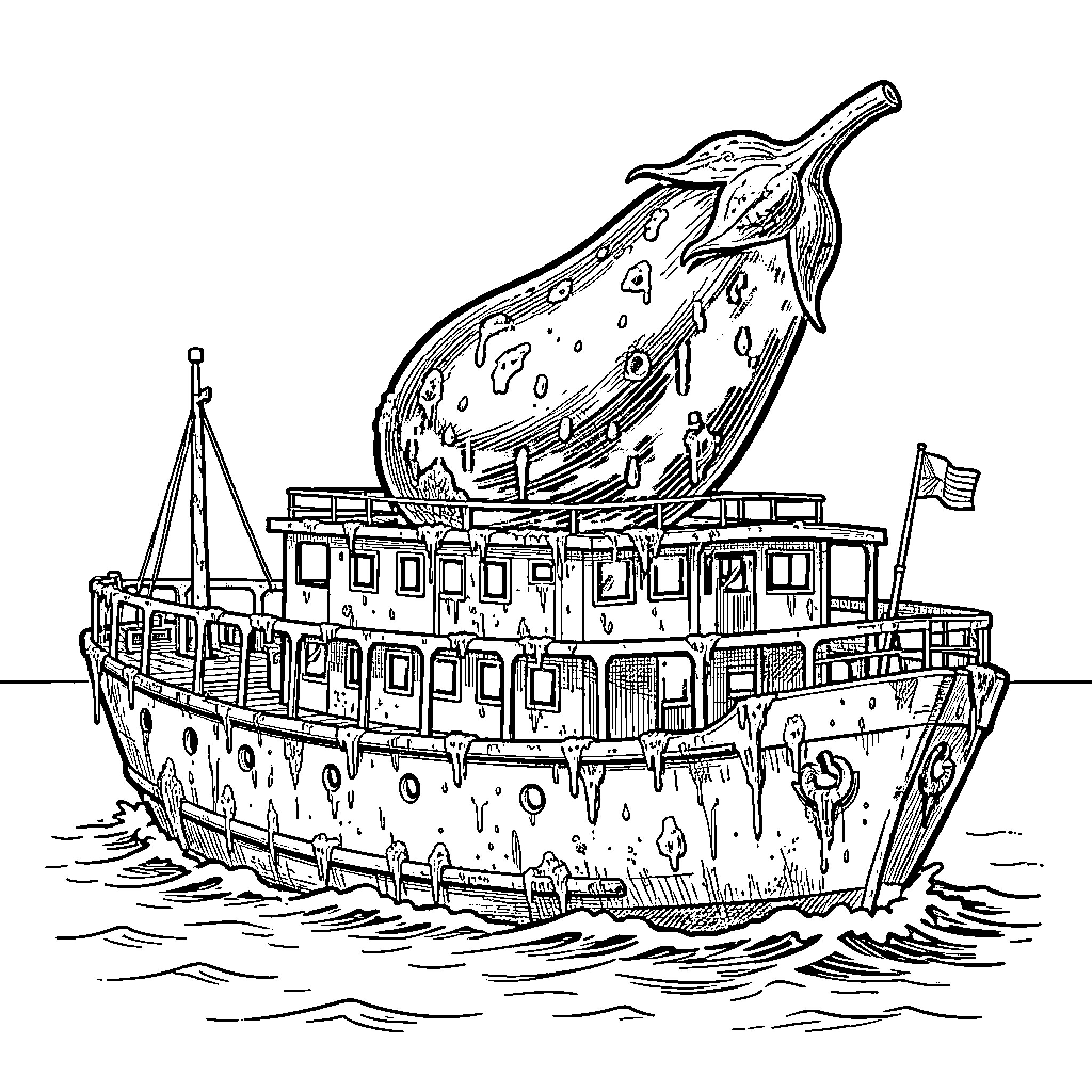 Ferry carrying passengers and supplies on the open waters Coloring Page (free black-and-white line drawing printable PDF for all, from beginners to advanced learners, including children, teens, adults, and seniors)