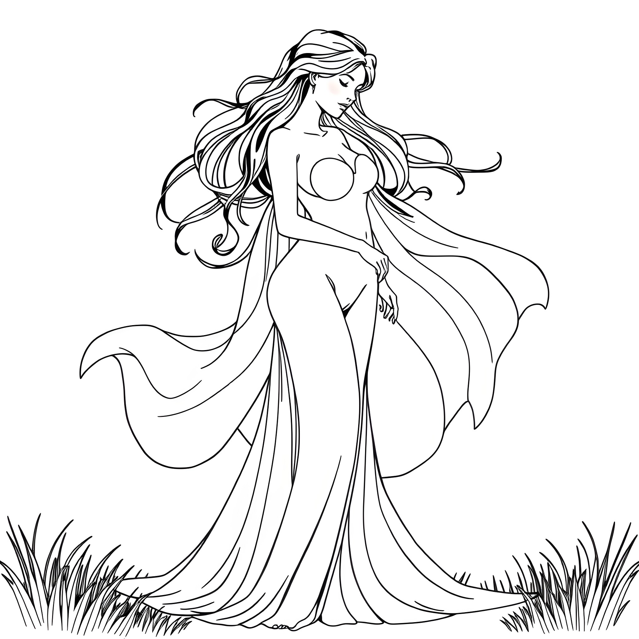 Woman in flowing dress with long flowing hair Coloring Page (free black-and-white line drawing printable PDF for all, from beginners to advanced learners, including children, teens, adults, and seniors)