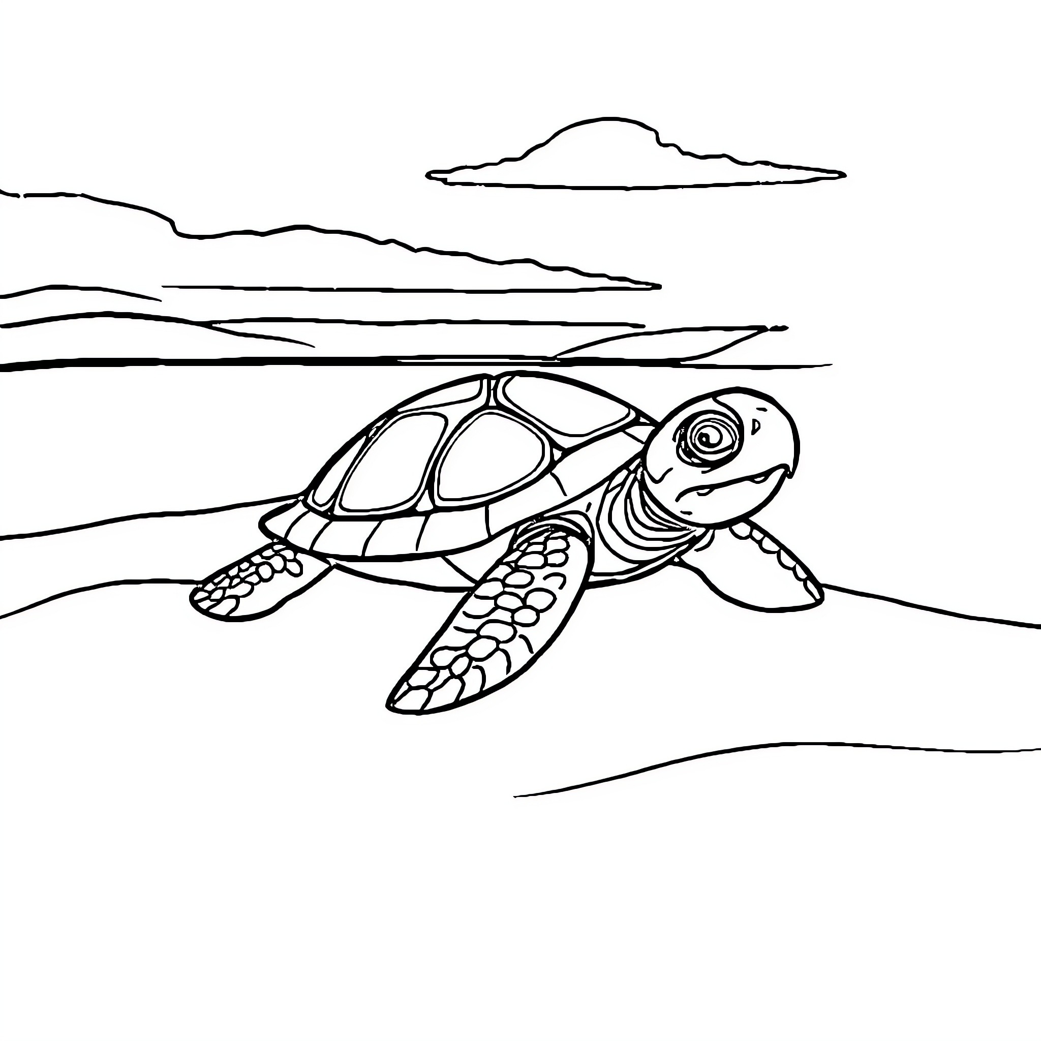 Turtle swimming peacefully in the ocean Coloring Page (free black-and-white line drawing printable PDF for all, from beginners to advanced learners, including children, teens, adults, and seniors)