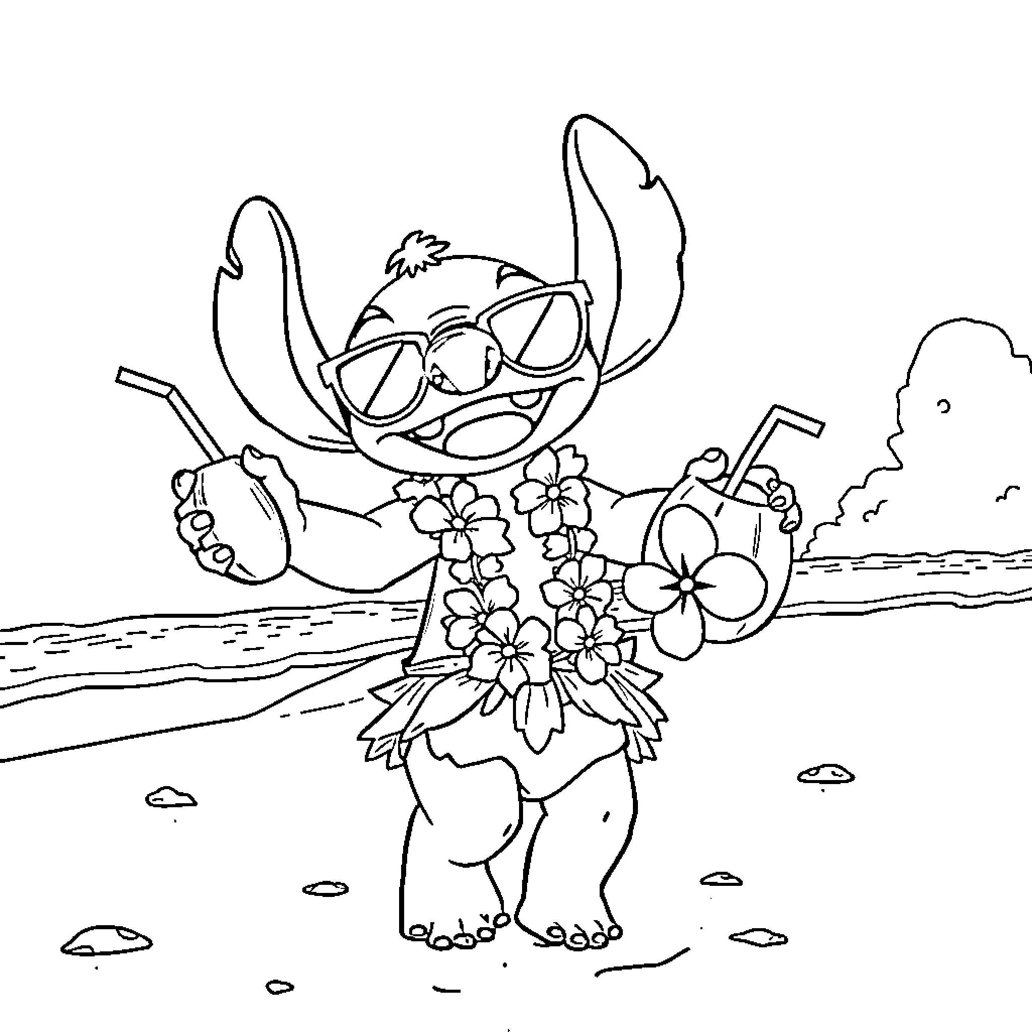 Stitch enjoying flowers on the beach Coloring Page (free black-and-white line drawing printable PDF for all, from beginners to advanced learners, including children, teens, adults, and seniors)