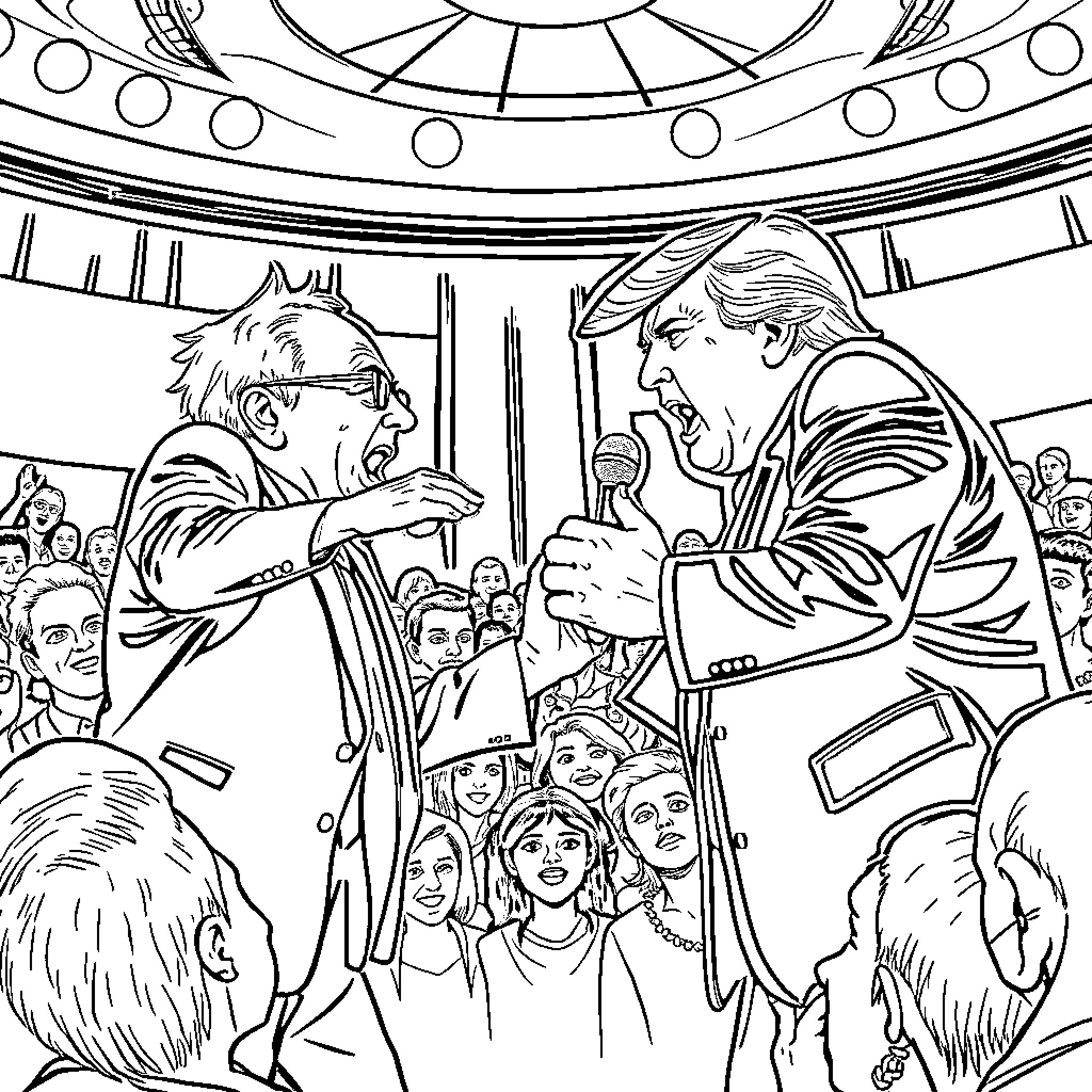 Bernie Sanders debating with Donald Trump in a political arena Coloring Page (free black-and-white line drawing printable PDF for all, from beginners to advanced learners, including children, teens, adults, and seniors)