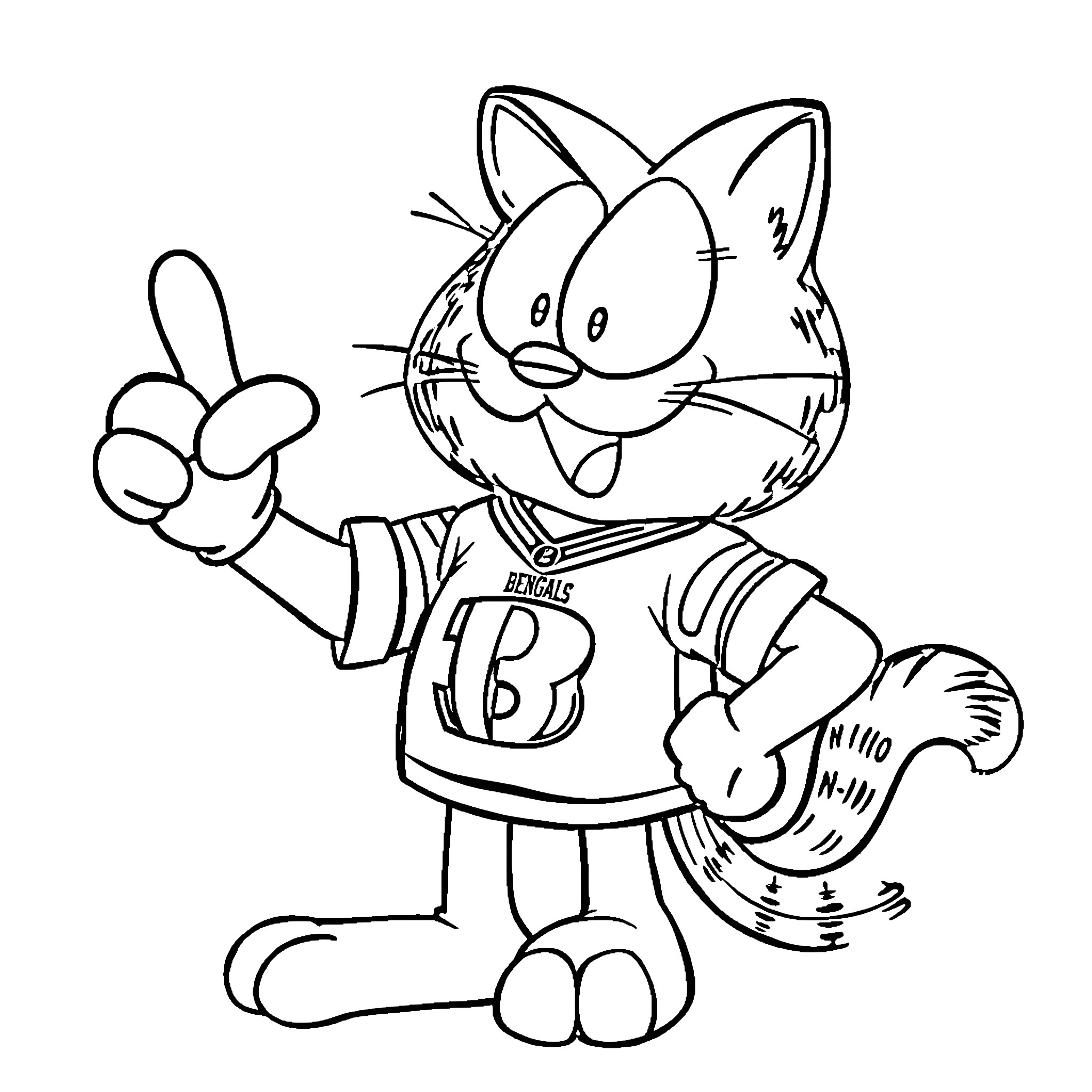 Garfield the Cartoon Cat Giving a Peace Sign Coloring Page (free black-and-white line drawing printable PDF for all, from beginners to advanced learners, including children, teens, adults, and seniors)
