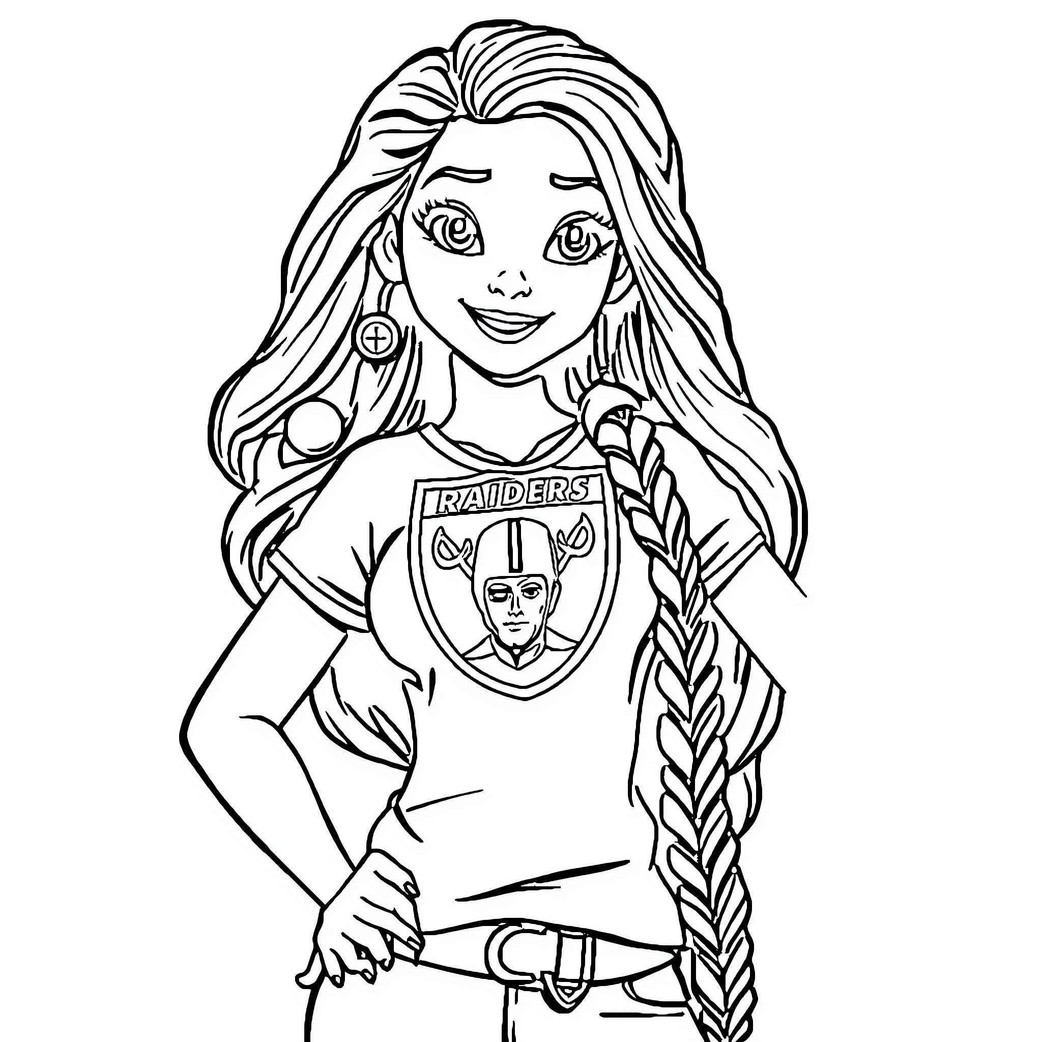 Vaiana wearing Raiders shirt with braided hair Coloring Page (free black-and-white line drawing printable PDF for all, from beginners to advanced learners, including children, teens, adults, and seniors)