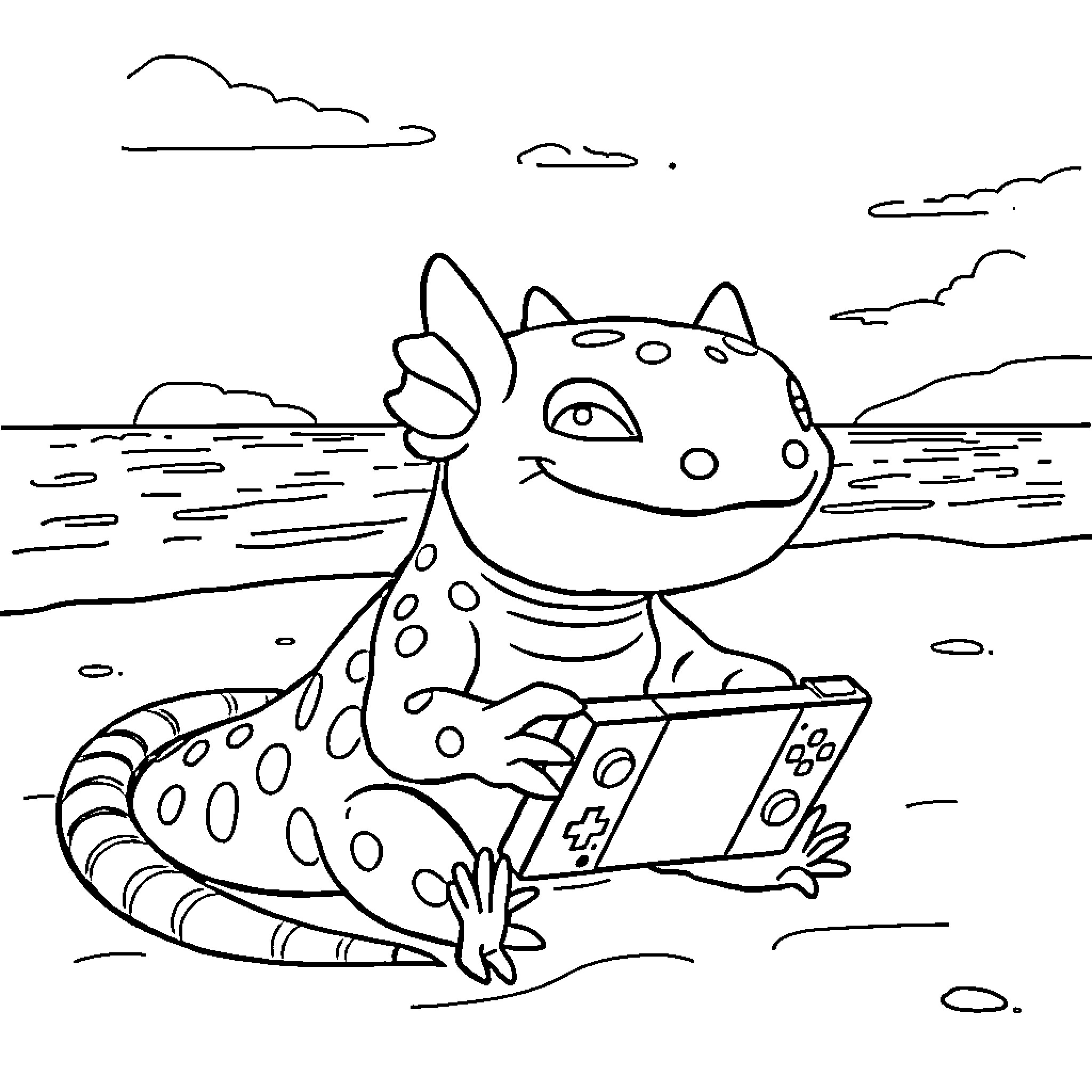 Axolotl reading a book on the beach Coloring Page (free black-and-white line drawing printable PDF for all, from beginners to advanced learners, including children, teens, adults, and seniors)