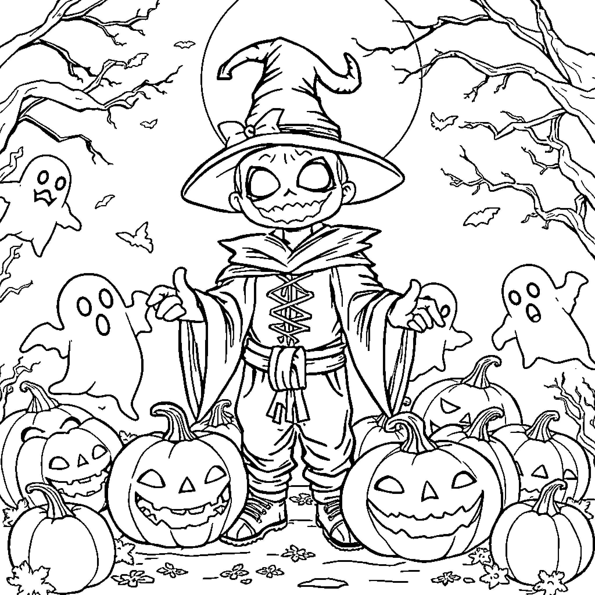 Sangoku's Spooky Halloween Adventure Coloring Page (free black-and-white line drawing printable PDF for all, from beginners to advanced learners, including children, teens, adults, and seniors)