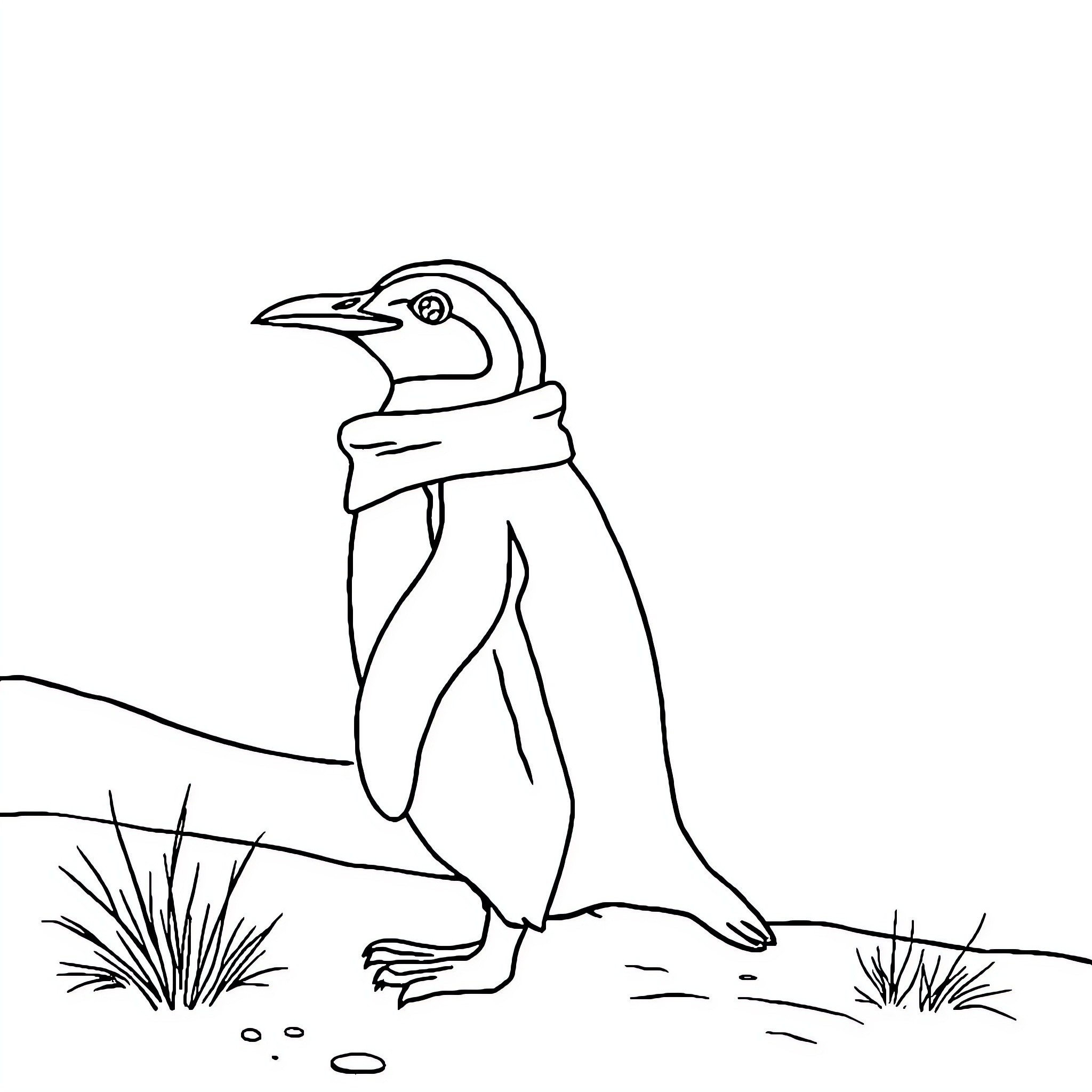Penguin wearing scarf in nature Coloring Page (free black-and-white line drawing printable PDF for all, from beginners to advanced learners, including children, teens, adults, and seniors)