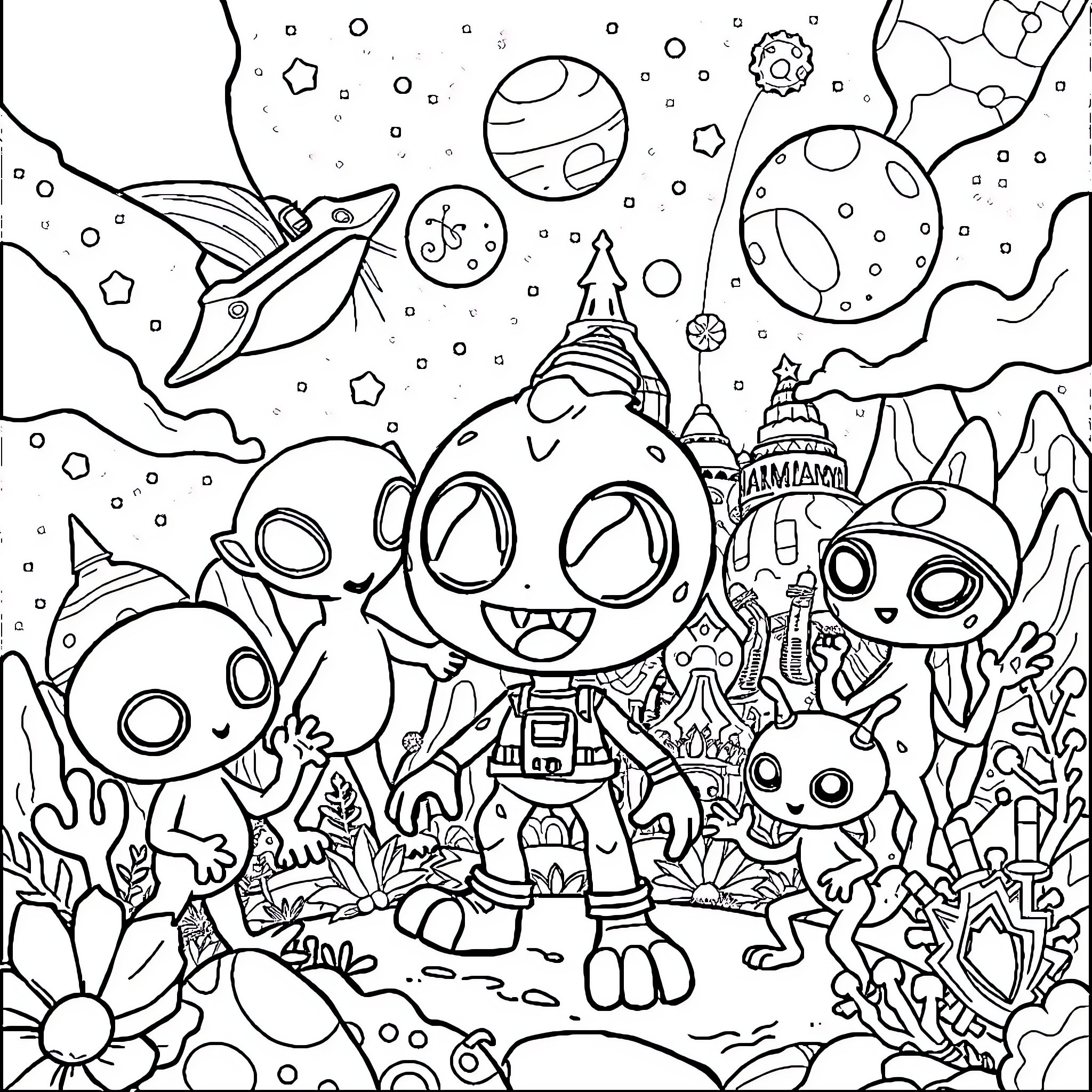 Dandy Alien Characters Exploring Whimsical Cosmic Landscape Coloring Page (free black-and-white line drawing printable PDF for all, from beginners to advanced learners, including children, teens, adults, and seniors)