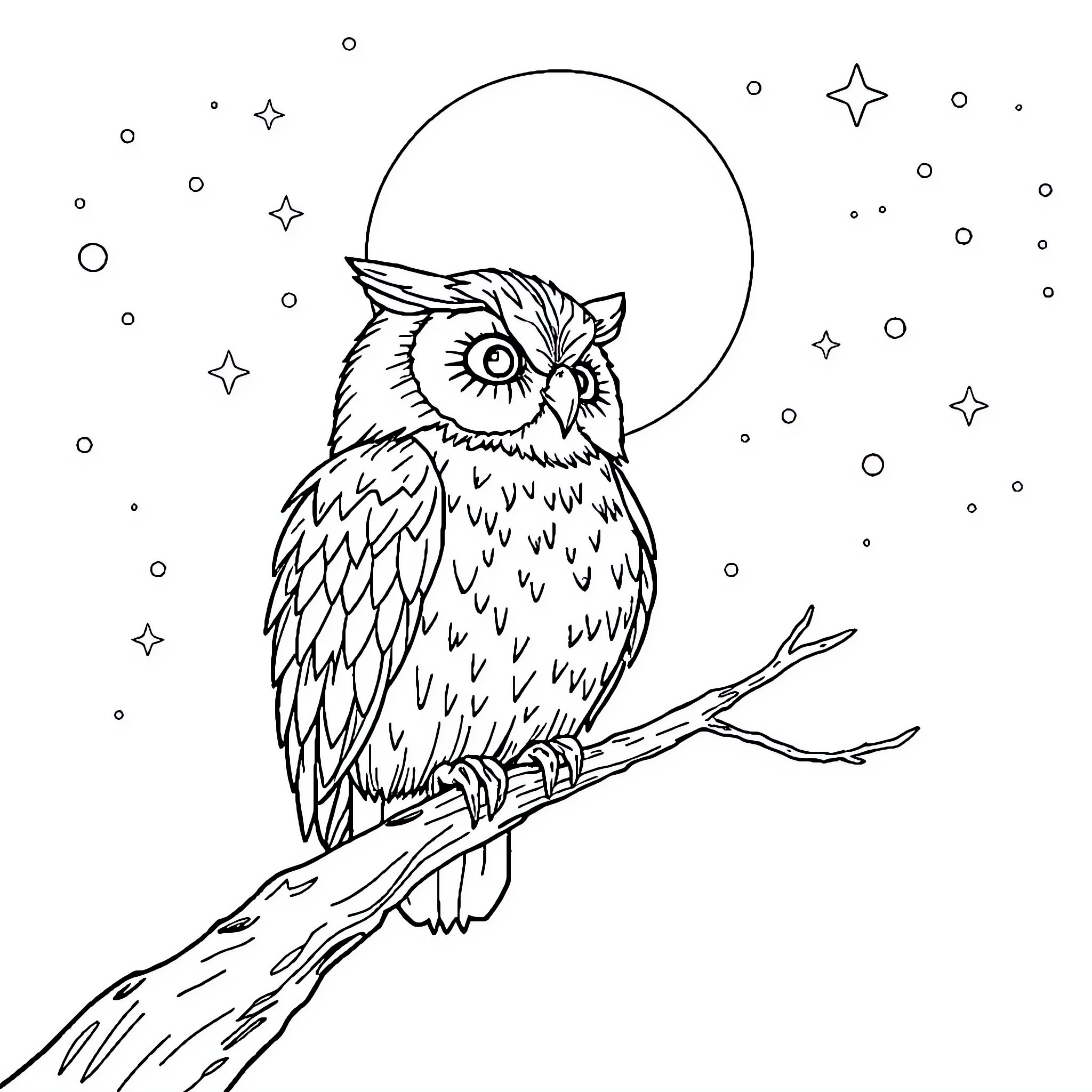 Owl gazing at the starry night sky Coloring Page (free black-and-white line drawing printable PDF for all, from beginners to advanced learners, including children, teens, adults, and seniors)