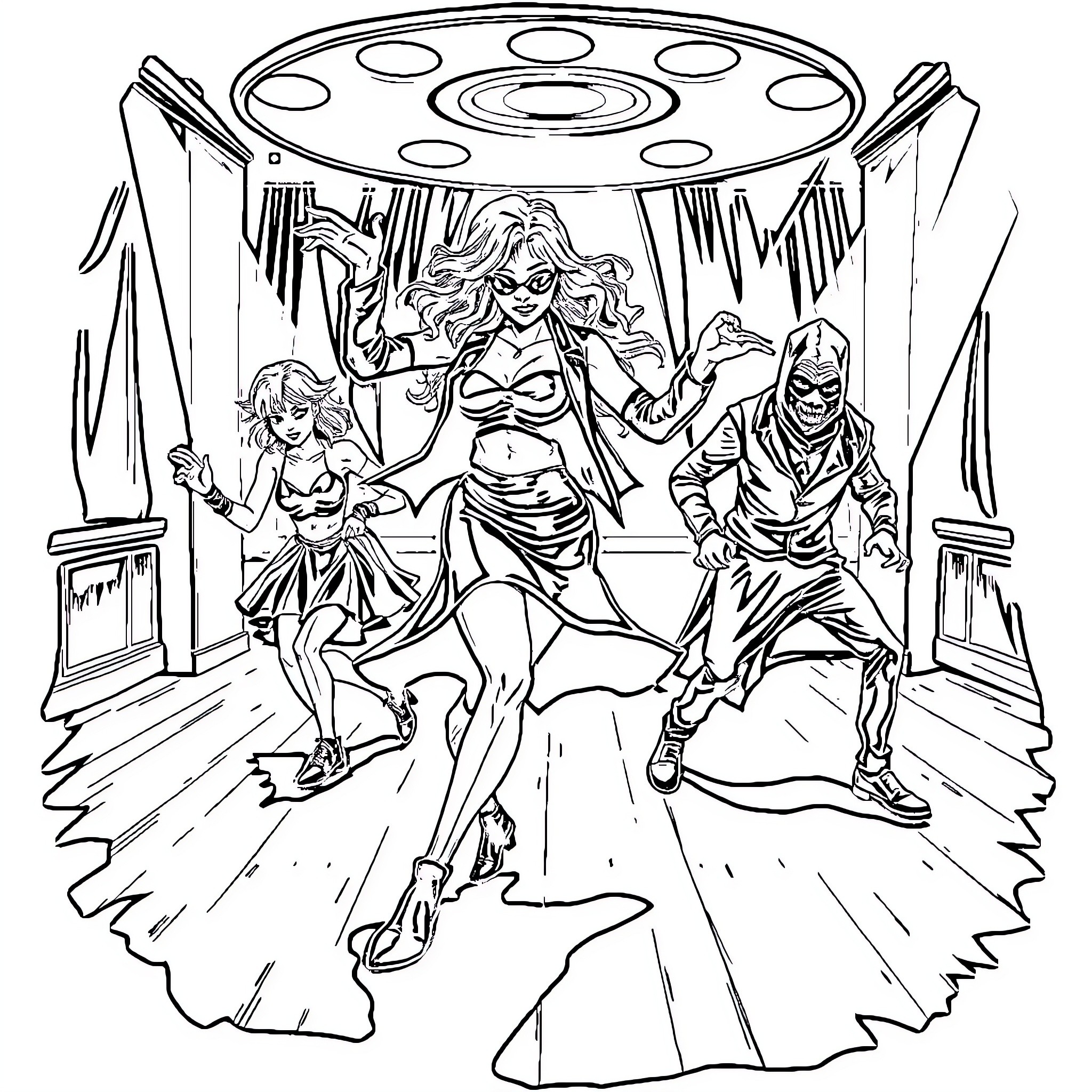 Mercredi's Thrilling Dance Routine Coloring Page (free black-and-white line drawing printable PDF for all, from beginners to advanced learners, including children, teens, adults, and seniors)