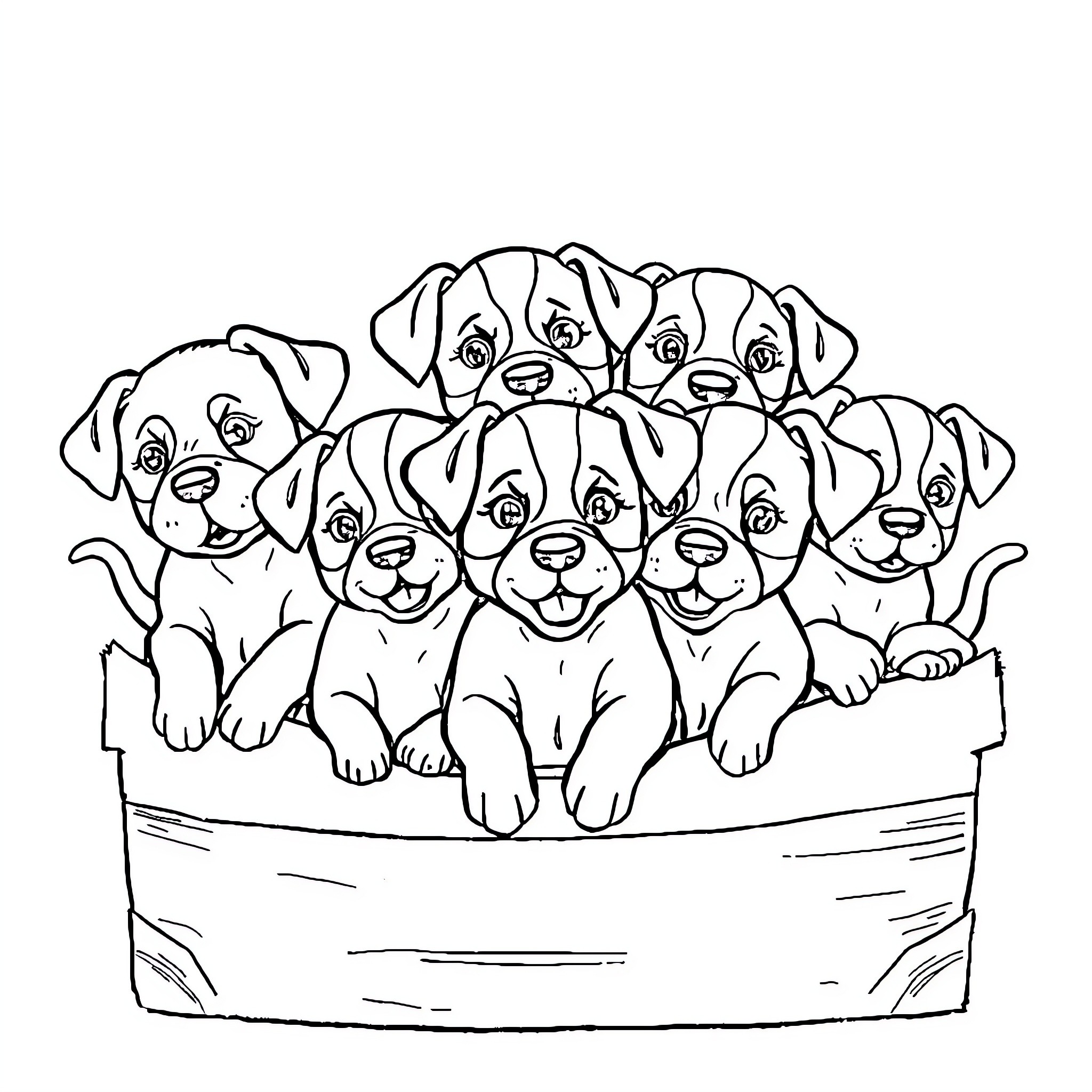 Puppy cuddle pile in a basket Coloring Page (free black-and-white line drawing printable PDF for all, from beginners to advanced learners, including children, teens, adults, and seniors)