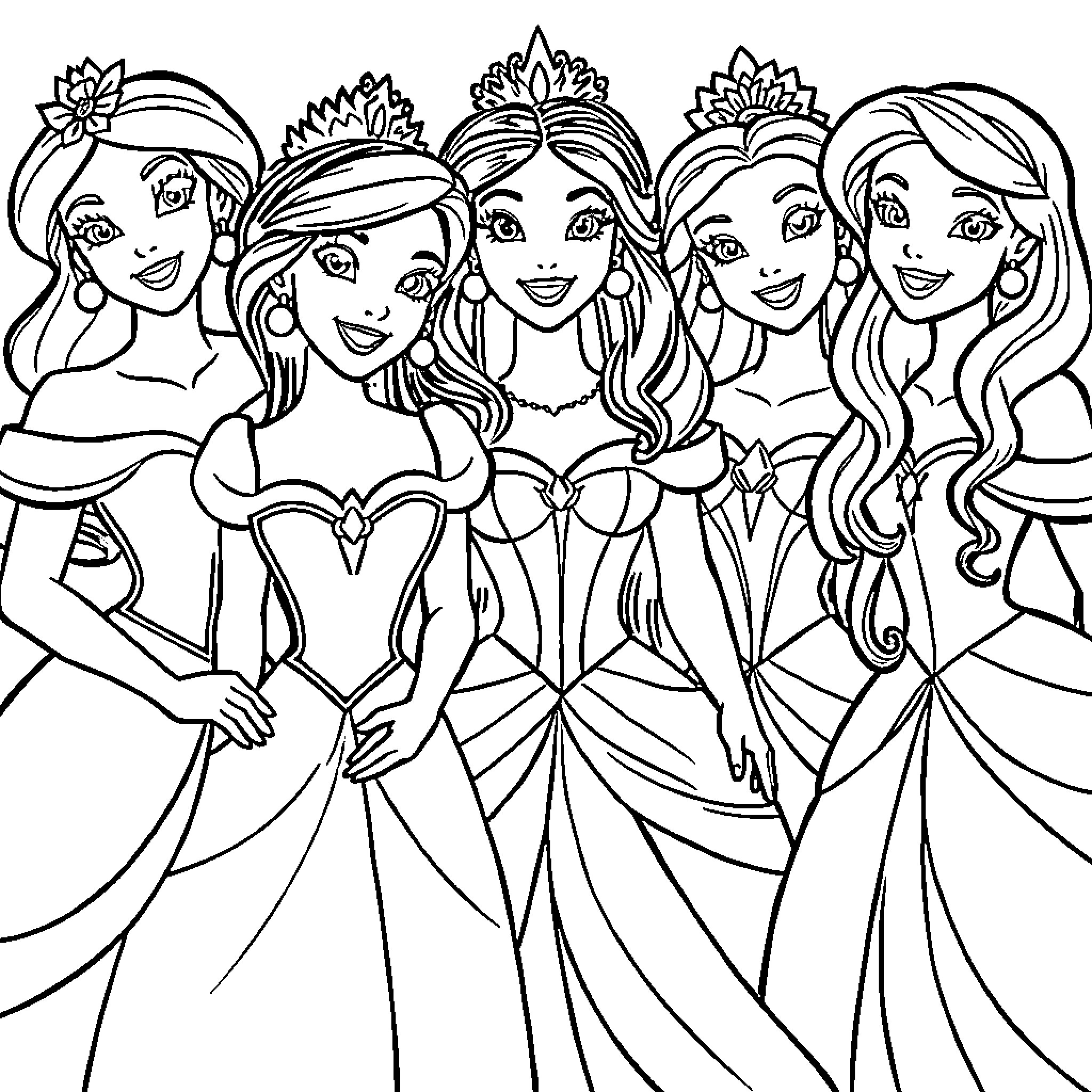 Disney Princess Group in Elegant Ball Gowns Coloring Page (free black-and-white line drawing printable PDF for all, from beginners to advanced learners, including children, teens, adults, and seniors)