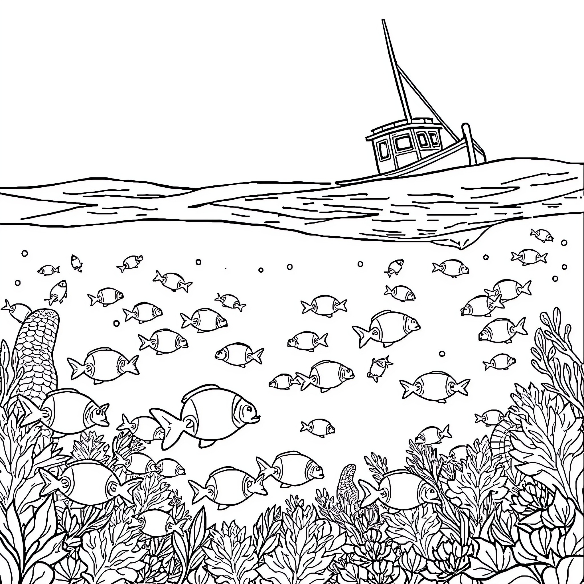 Fish swimming among coral reef and shipwreck Coloring Page (free black-and-white line drawing printable PDF for all, from beginners to advanced learners, including children, teens, adults, and seniors)