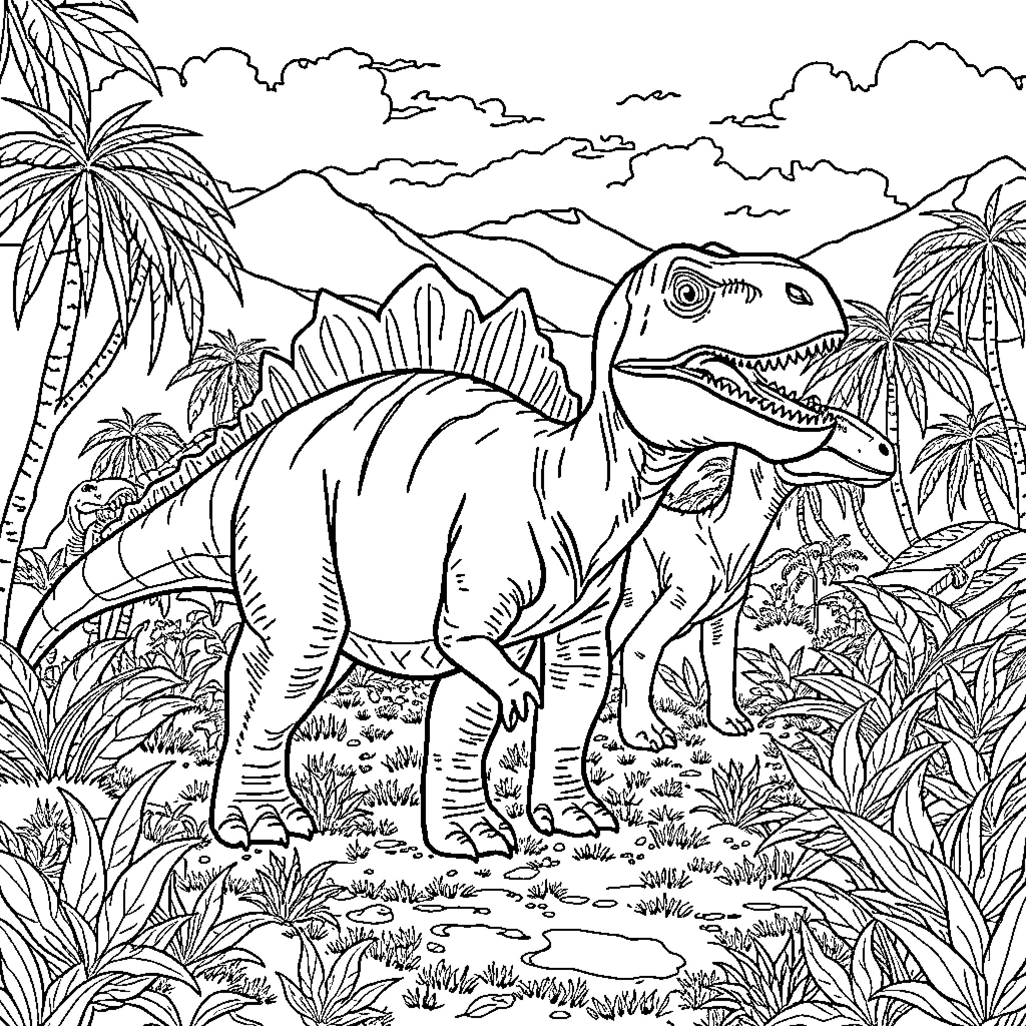 Abrosaurus exploring the prehistoric landscape Coloring Page (free black-and-white line drawing printable PDF for all, from beginners to advanced learners, including children, teens, adults, and seniors)