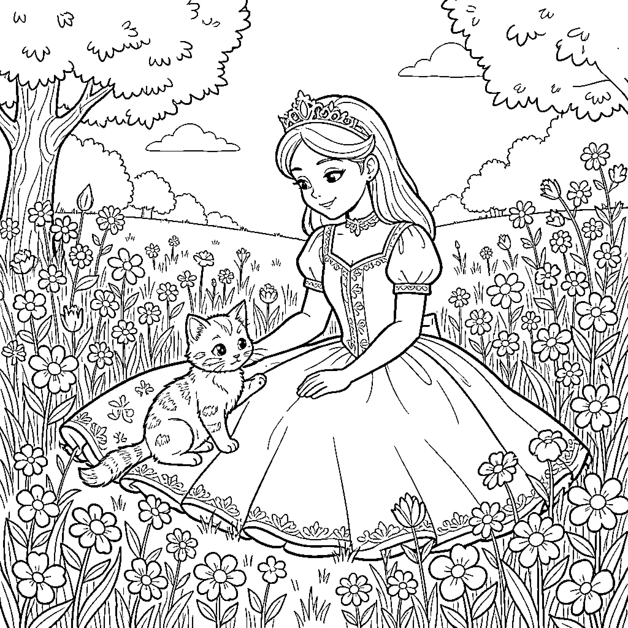 Princess exploring a magical garden with her animal companion Coloring Page (free black-and-white line drawing printable PDF for all, from beginners to advanced learners, including children, teens, adults, and seniors)