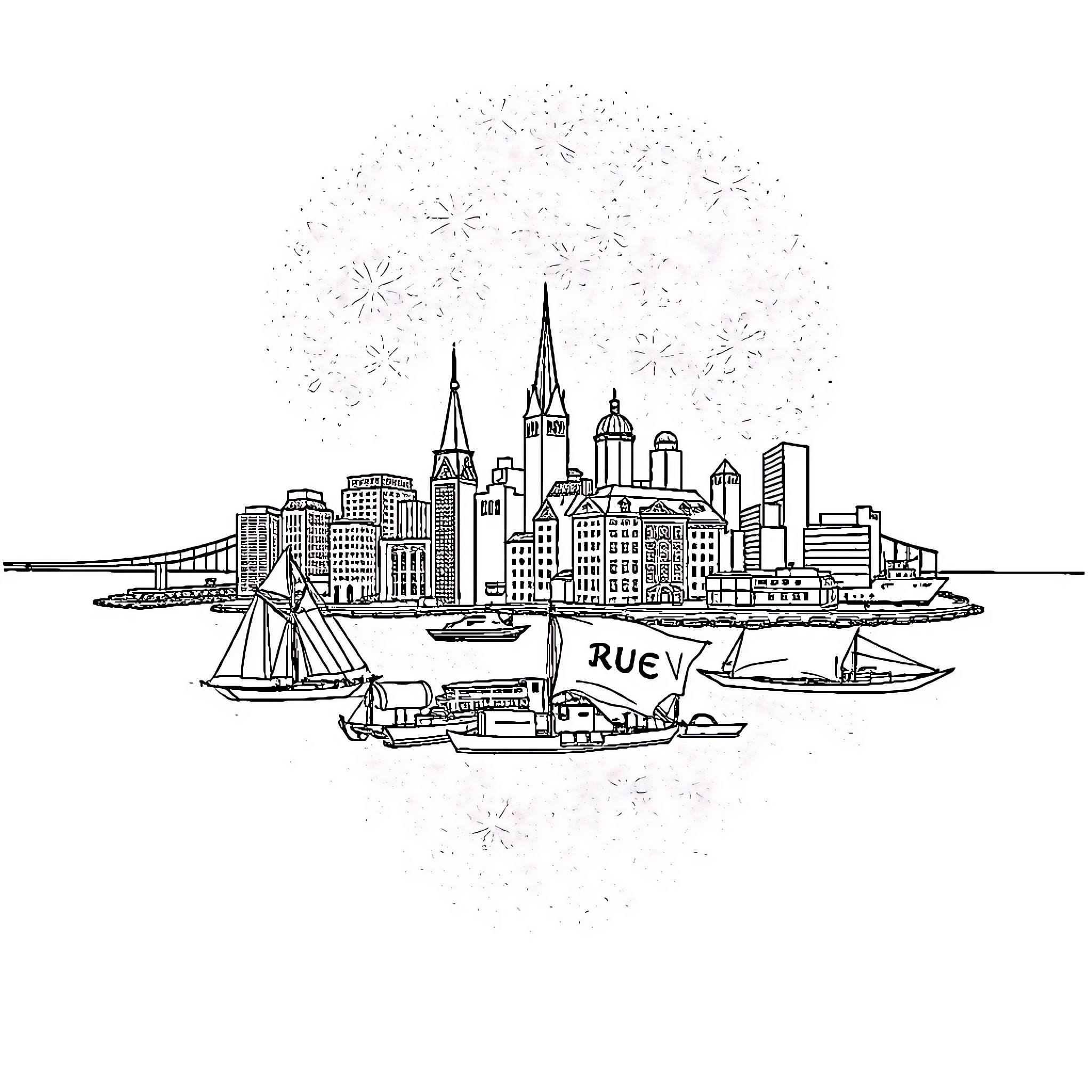 City with Bustling Harbor and Fireworks Coloring Page (free black-and-white line drawing printable PDF for all, from beginners to advanced learners, including children, teens, adults, and seniors)