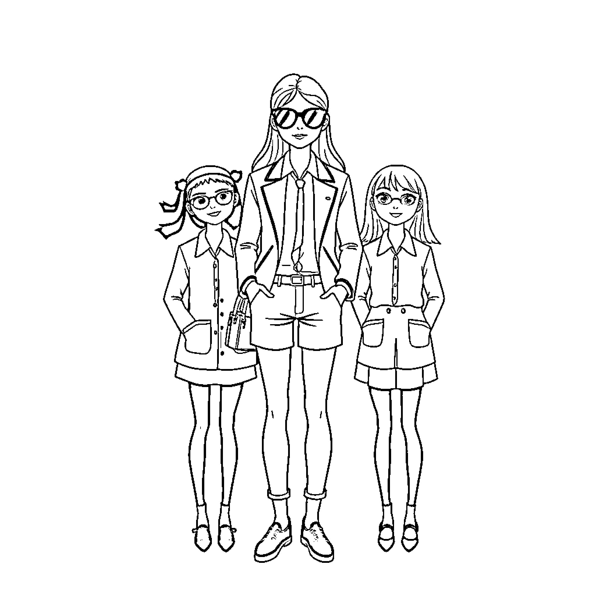 Preppy Trio of Students in Casual School Attire Coloring Page (free black-and-white line drawing printable PDF for all, from beginners to advanced learners, including children, teens, adults, and seniors)