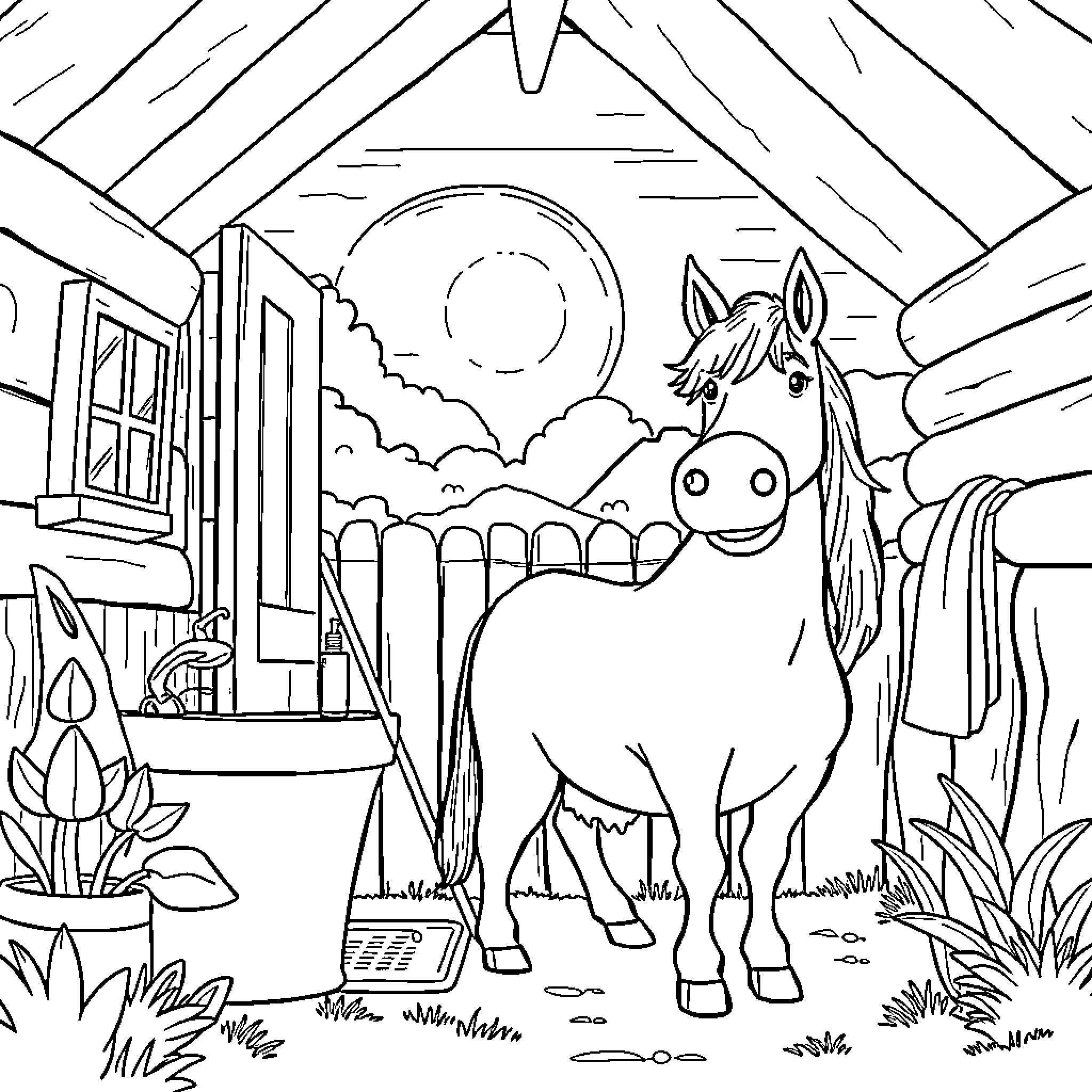 Cow in a farmyard setting Coloring Page (free black-and-white line drawing printable PDF for all, from beginners to advanced learners, including children, teens, adults, and seniors)