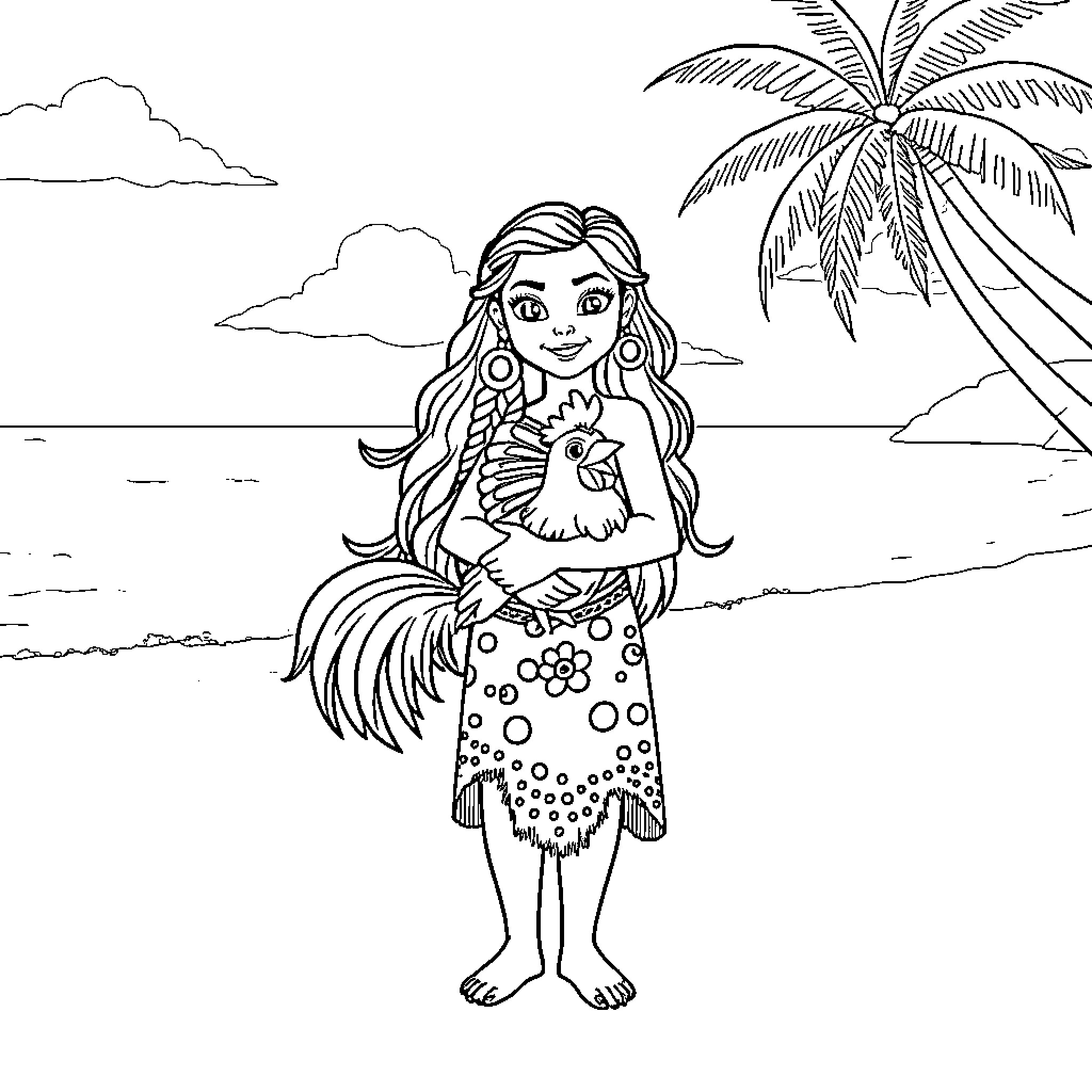 Moana enjoying a tropical beach with her pet bird Coloring Page (free black-and-white line drawing printable PDF for all, from beginners to advanced learners, including children, teens, adults, and seniors)