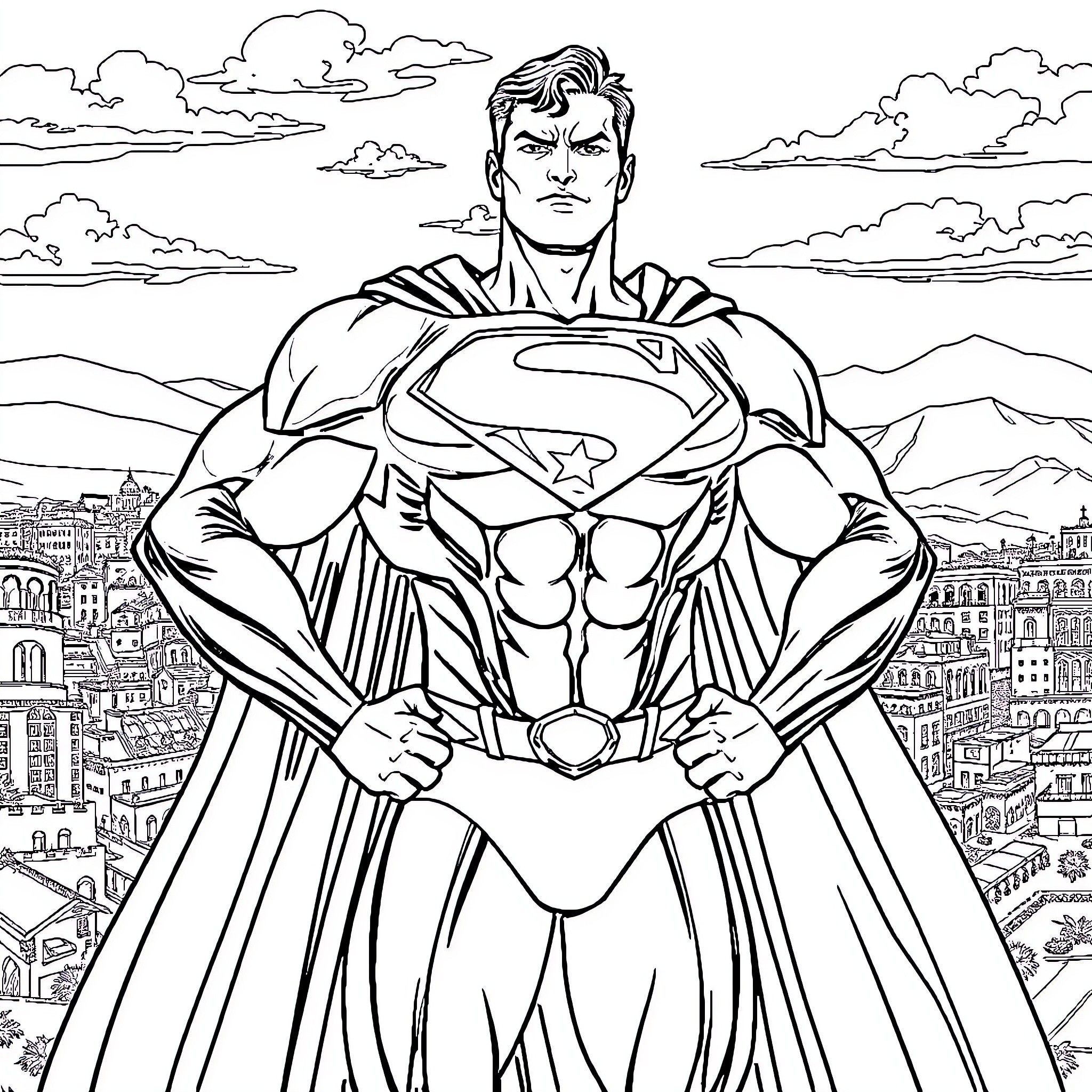 Superman soaring over a city in his iconic outfit Coloring Page (free black-and-white line drawing printable PDF for all, from beginners to advanced learners, including children, teens, adults, and seniors)