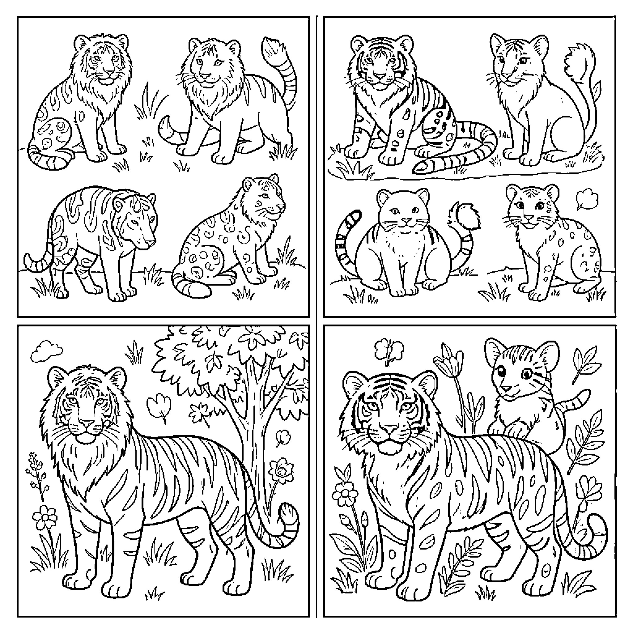 Animal Images of Various Wild Cats and Kittens Coloring Page (free black-and-white line drawing printable PDF for all, from beginners to advanced learners, including children, teens, adults, and seniors)