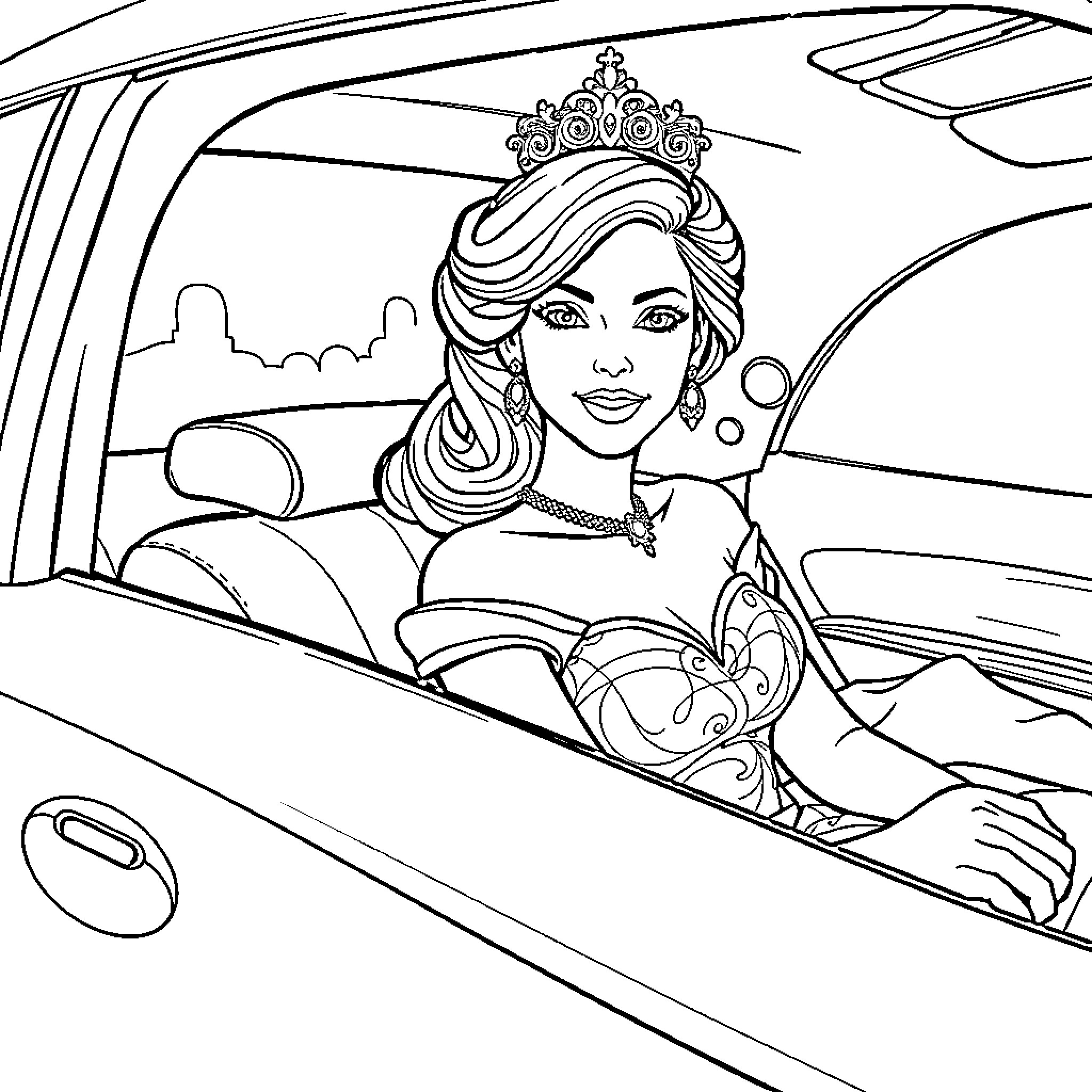 Princess Traveling in Style Coloring Page (free black-and-white line drawing printable PDF for all, from beginners to advanced learners, including children, teens, adults, and seniors)