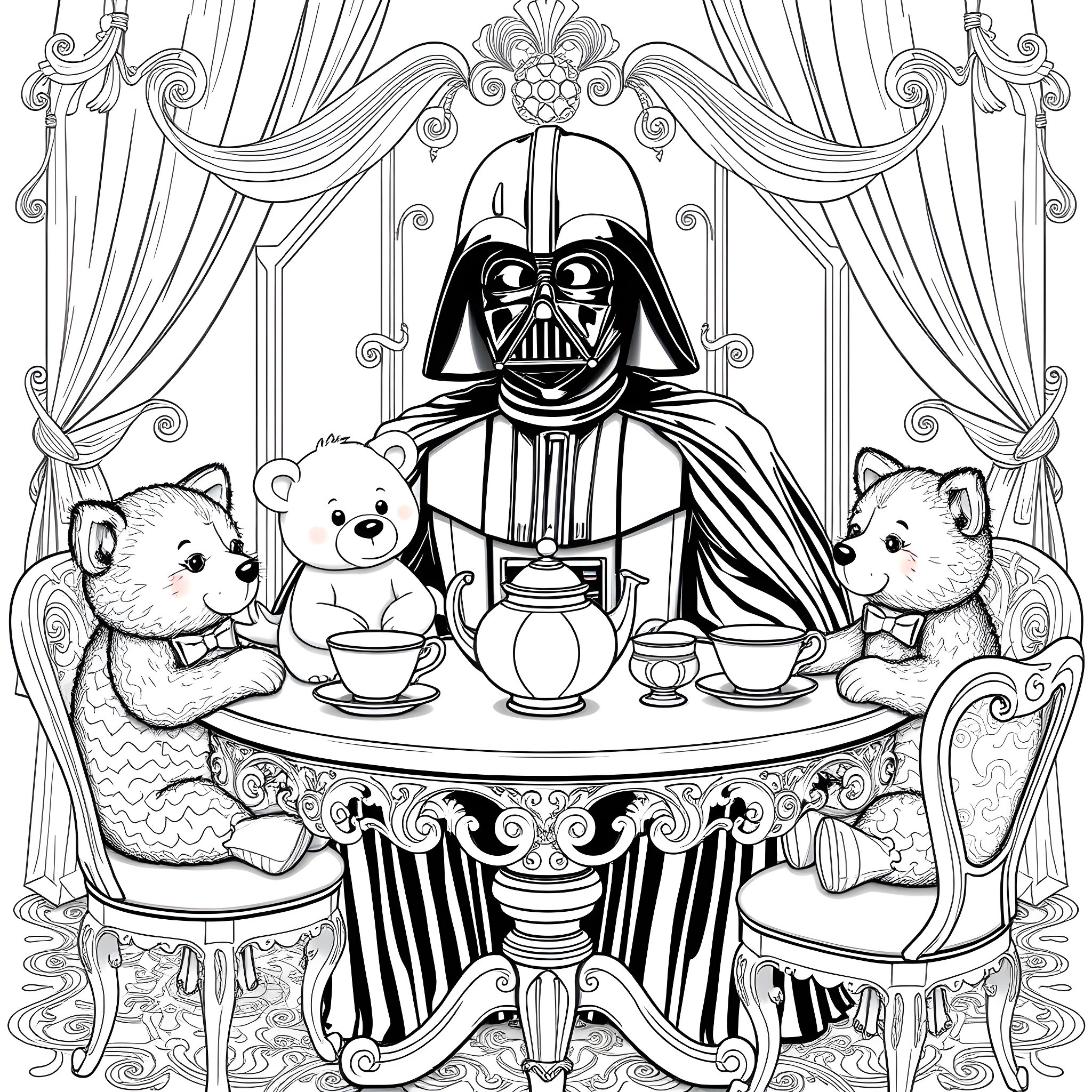 Darth Vader enjoys tea with teddy bears in an ornate setting Coloring Page (free black-and-white line drawing printable PDF for all, from beginners to advanced learners, including children, teens, adults, and seniors)