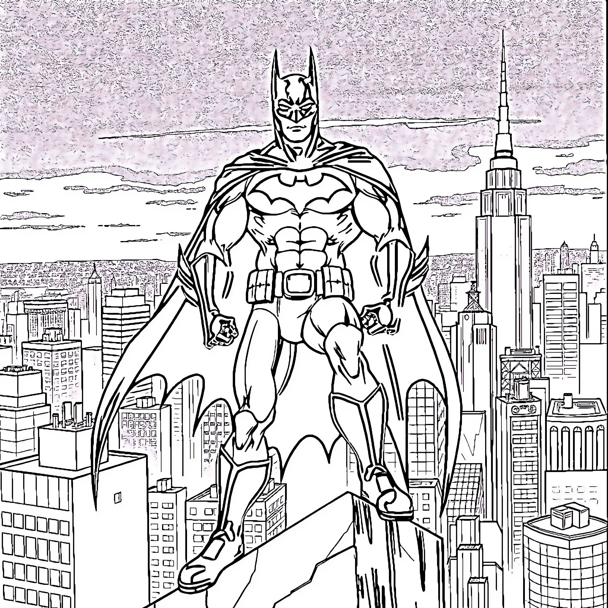 Batman Surveying the City from Rooftop Coloring Page (free black-and-white line drawing printable PDF for all, from beginners to advanced learners, including children, teens, adults, and seniors)