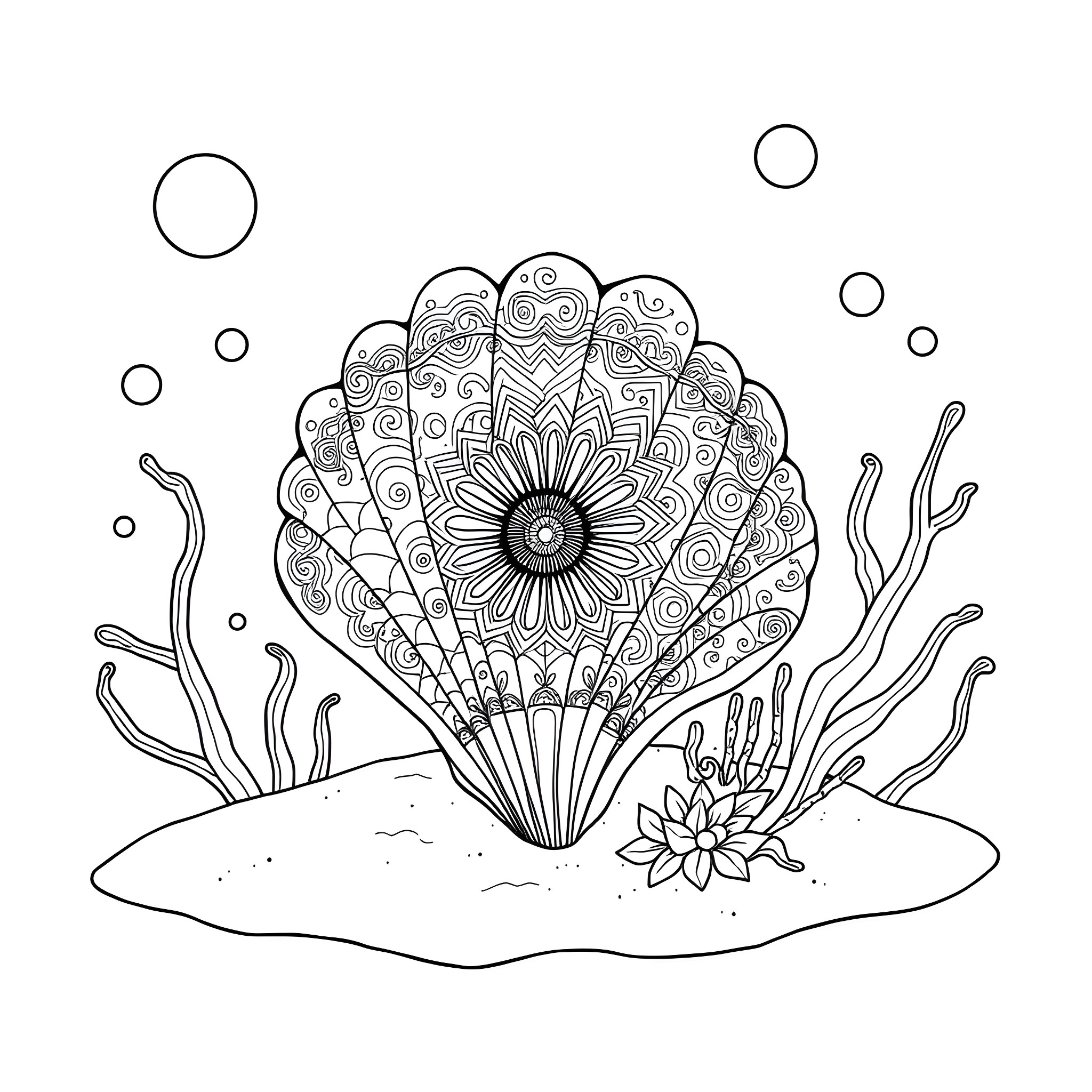 Seashell with Intricate Designs on the Ocean Floor Coloring Page (free black-and-white line drawing printable PDF for all, from beginners to advanced learners, including children, teens, adults, and seniors)