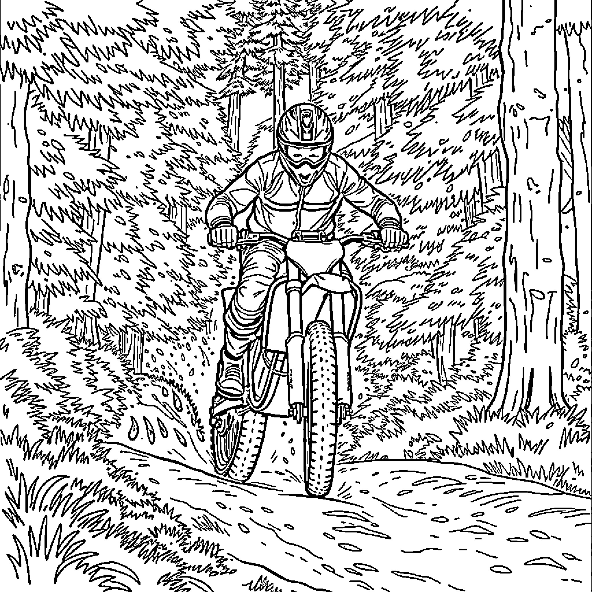 Enduro Bike Rider Navigating through Forested Trail Coloring Page (free black-and-white line drawing printable PDF for all, from beginners to advanced learners, including children, teens, adults, and seniors)