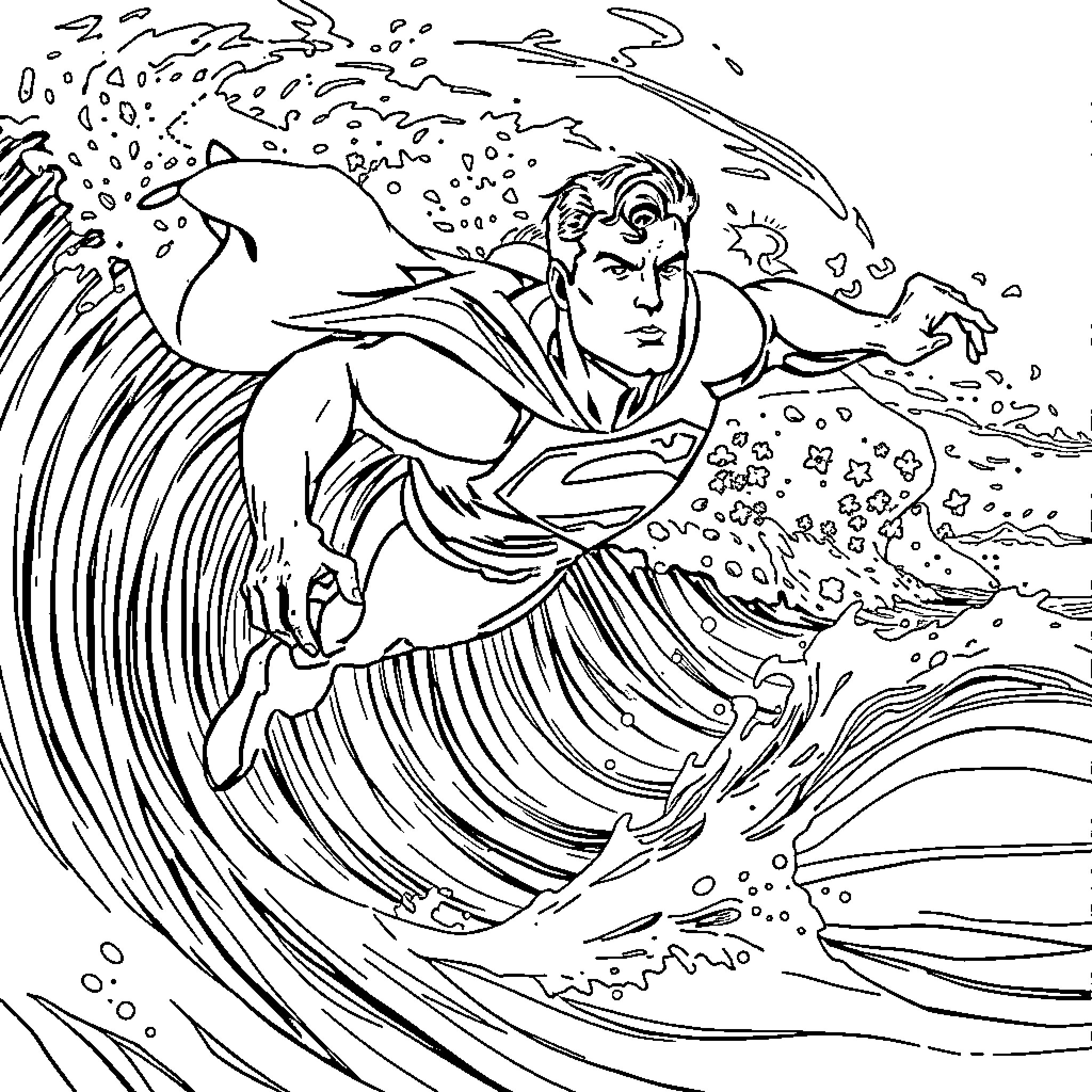 Superman soaring through powerful waves Coloring Page (free black-and-white line drawing printable PDF for all, from beginners to advanced learners, including children, teens, adults, and seniors)