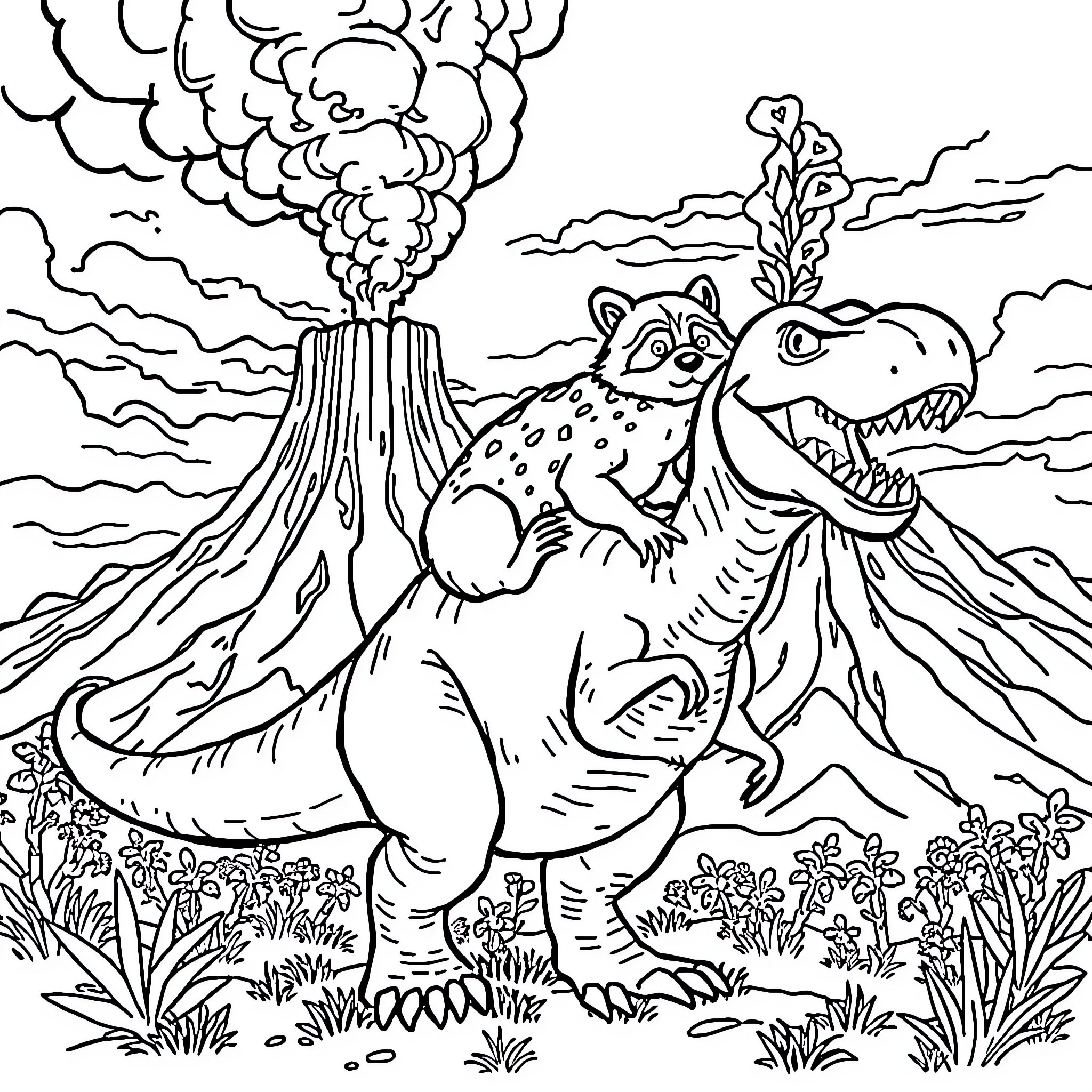Raccoon riding a dinosaur near a volcanic eruption Coloring Page (free black-and-white line drawing printable PDF for all, from beginners to advanced learners, including children, teens, adults, and seniors)
