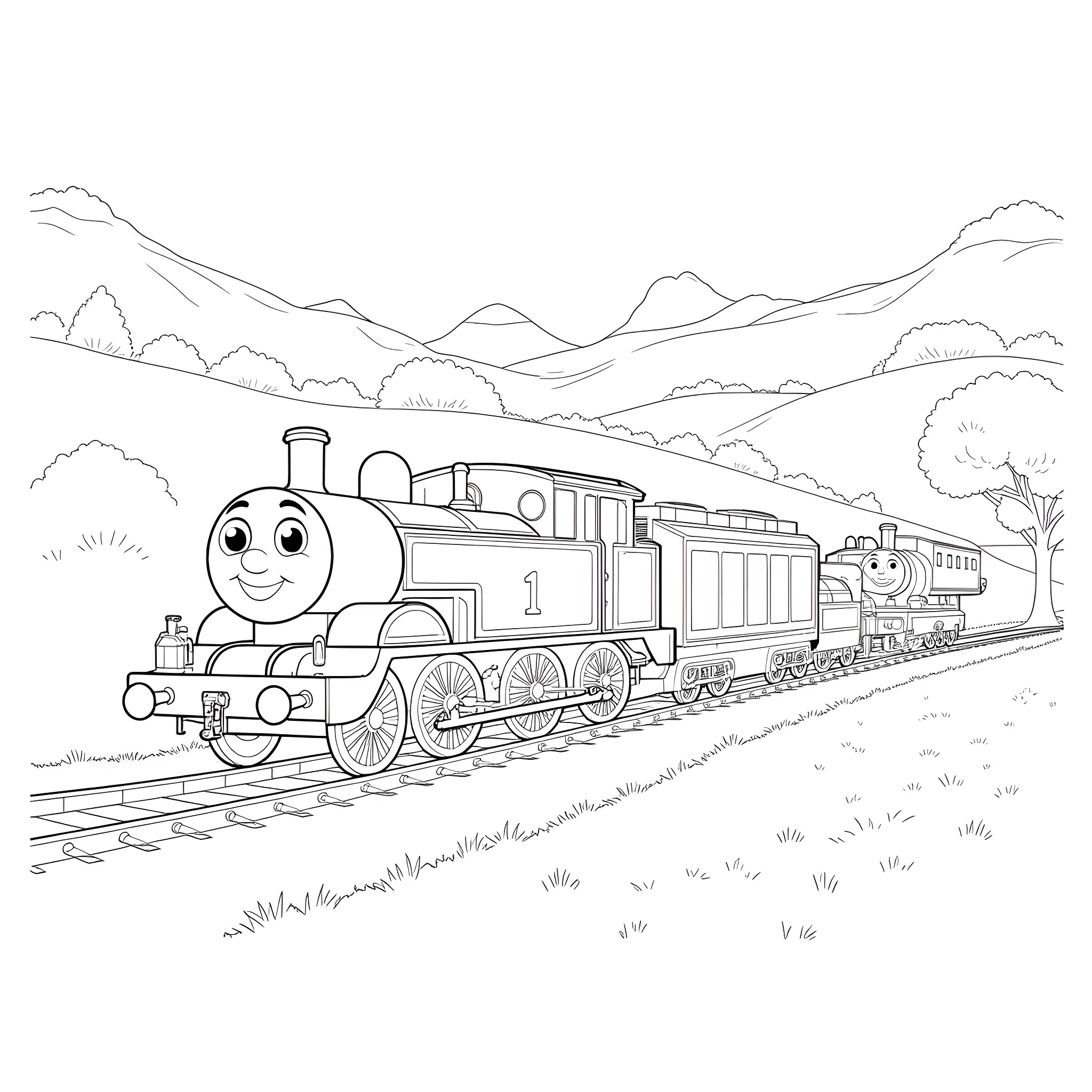 Train chugging through scenic mountain landscape Coloring Page (free black-and-white line drawing printable PDF for all, from beginners to advanced learners, including children, teens, adults, and seniors)