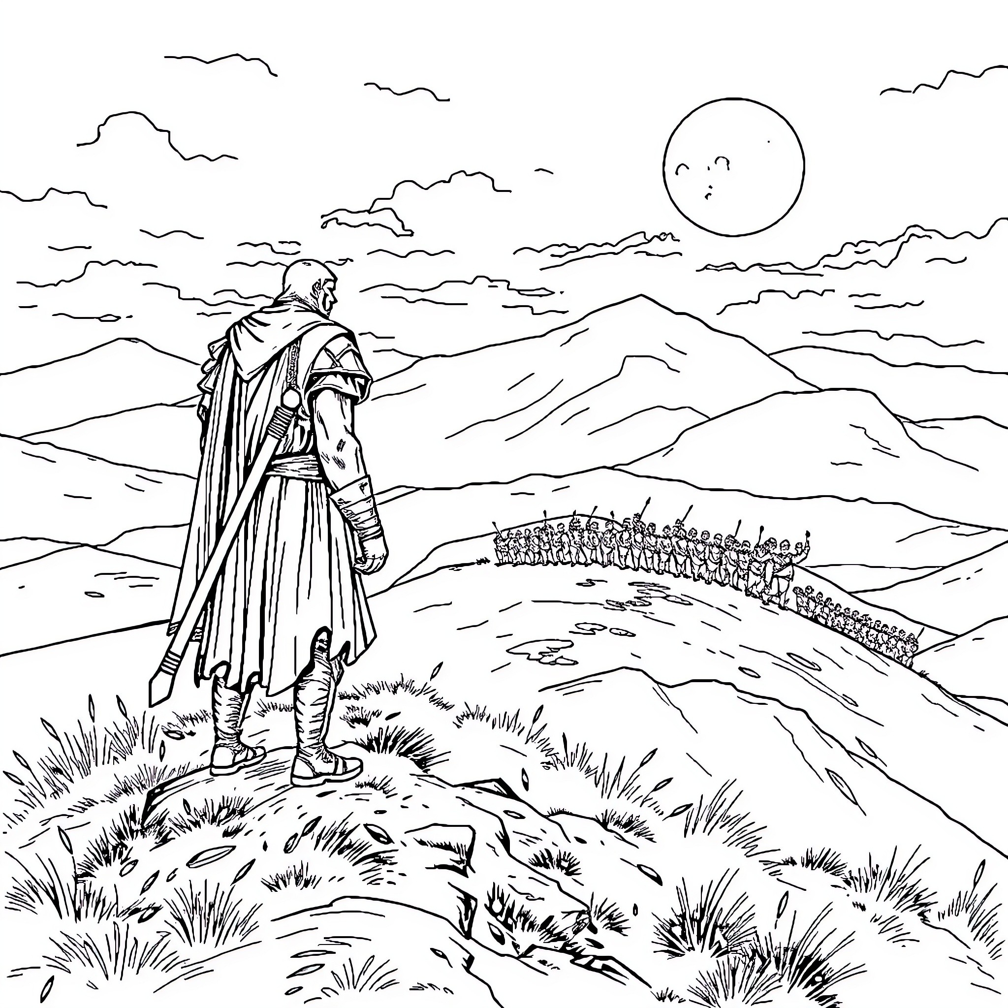 Warrior stands tall on a mountain overlooking a vast landscape Coloring Page (free black-and-white line drawing printable PDF for all, from beginners to advanced learners, including children, teens, adults, and seniors)