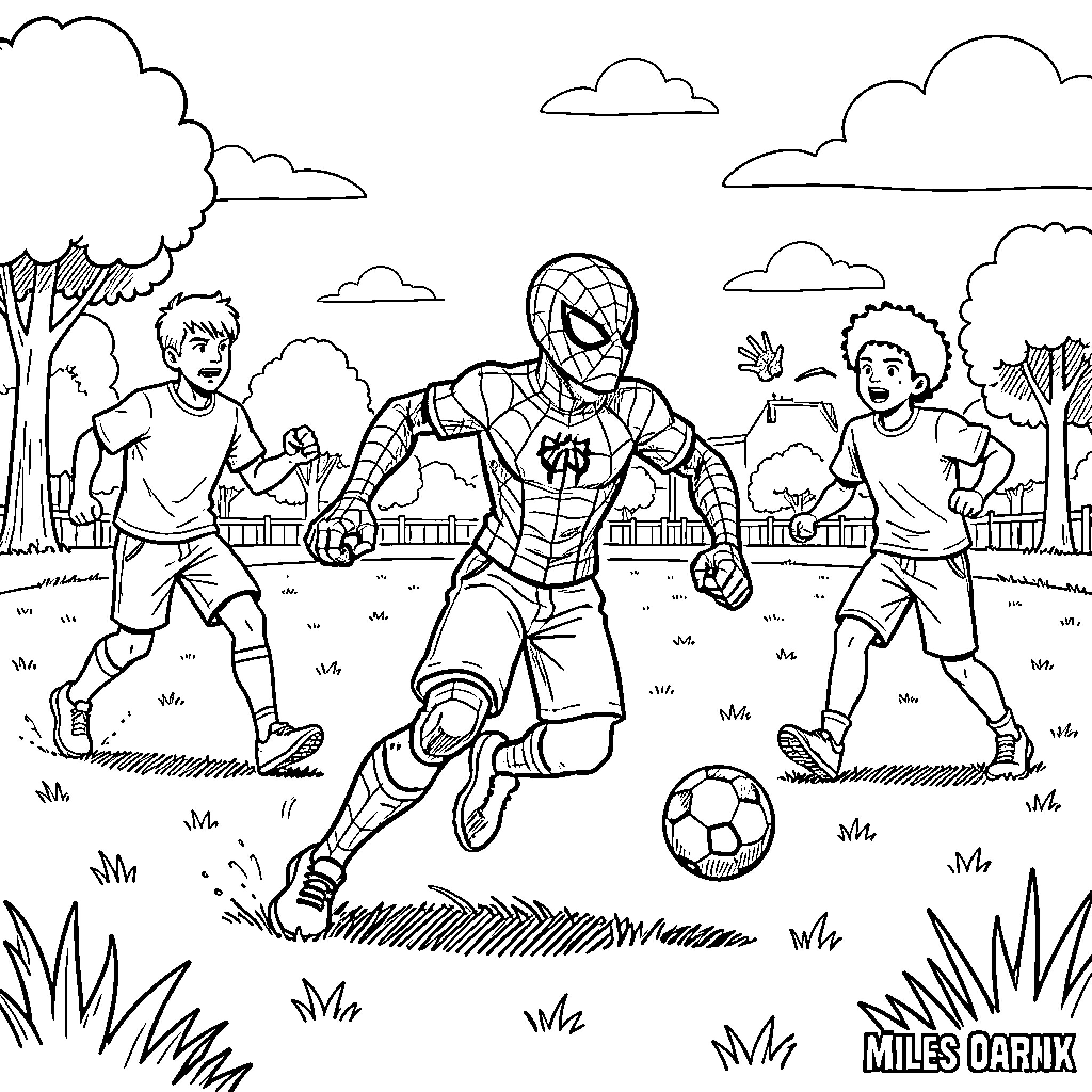 Spinning into action playing soccer in the park Coloring Page (free black-and-white line drawing printable PDF for all, from beginners to advanced learners, including children, teens, adults, and seniors)