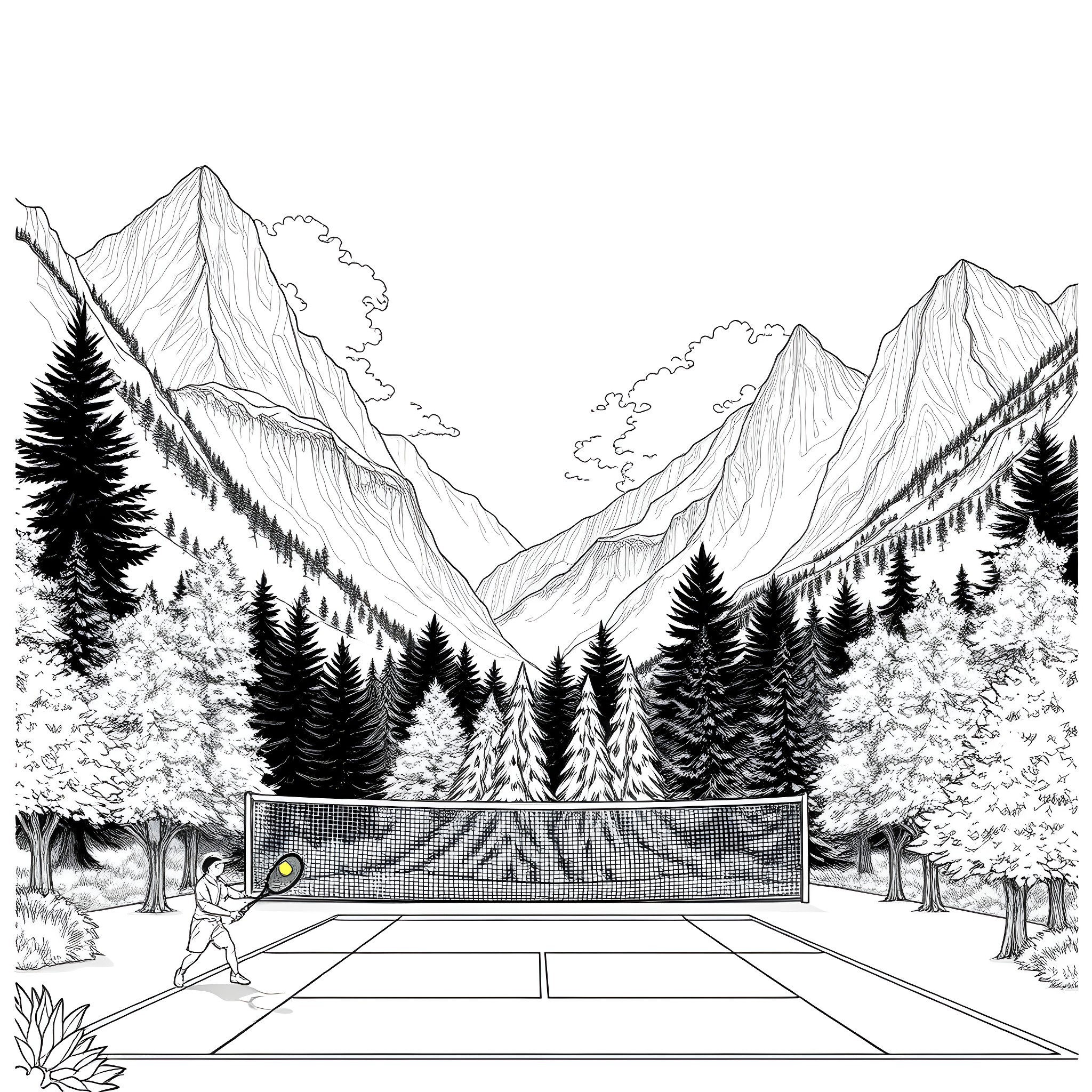Milla Jovovich in a serene mountain landscape Coloring Page (free black-and-white line drawing printable PDF for all, from beginners to advanced learners, including children, teens, adults, and seniors)