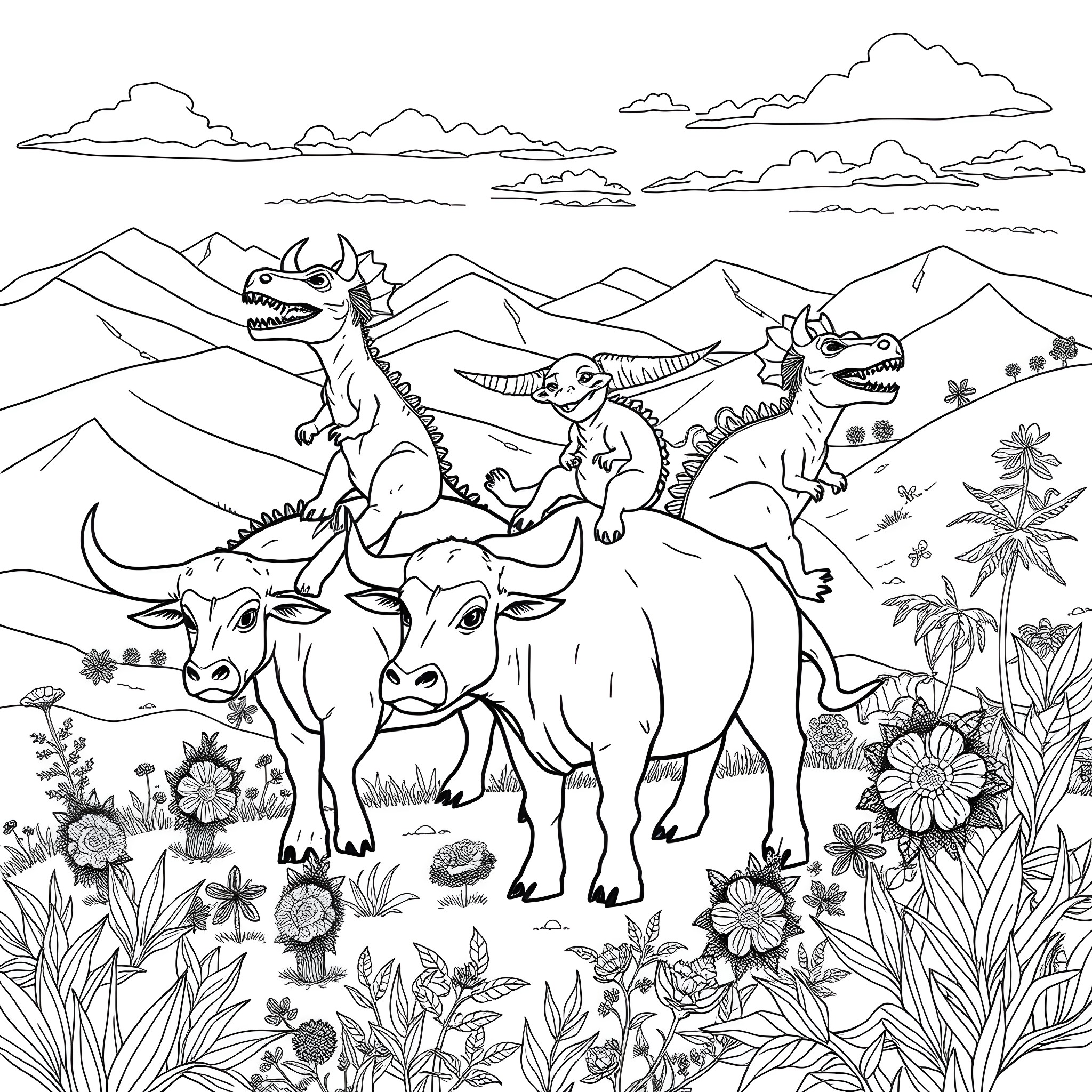 Dinosaurs riding on the backs of buffalo in a mountainous landscape Coloring Page (free black-and-white line drawing printable PDF for all, from beginners to advanced learners, including children, teens, adults, and seniors)