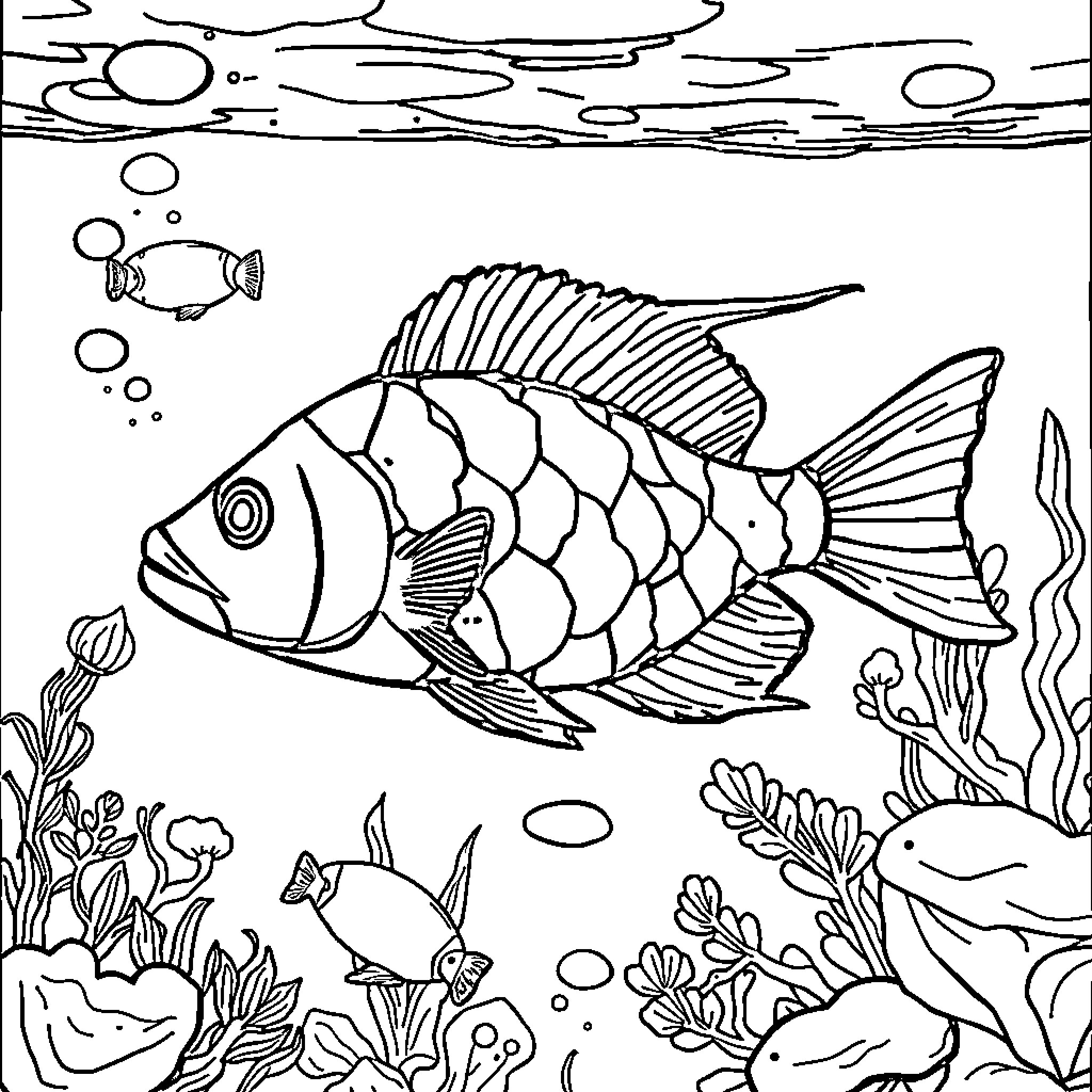 Fish swimming in the underwater ocean Coloring Page (free black-and-white line drawing printable PDF for all, from beginners to advanced learners, including children, teens, adults, and seniors)
