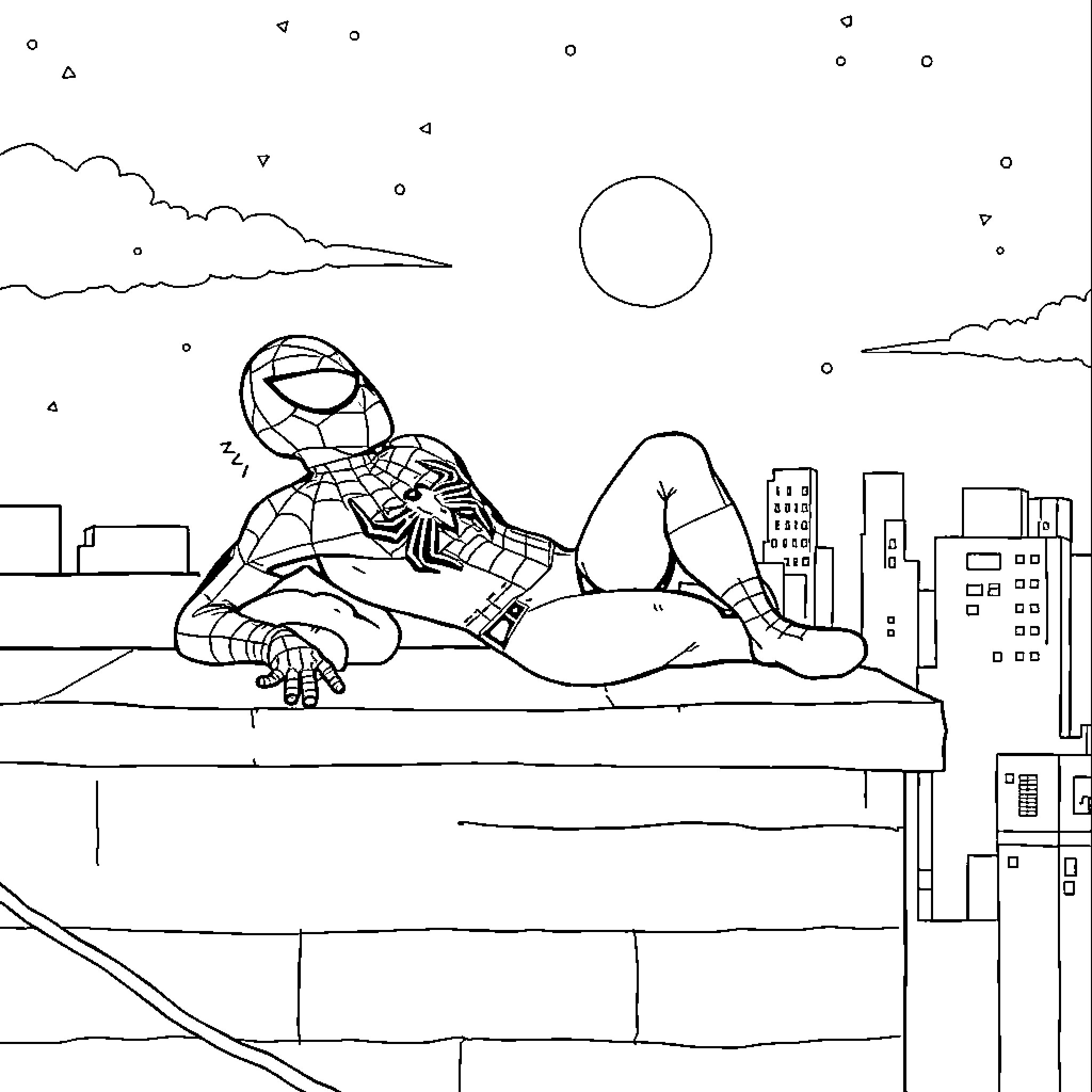 Spider-Man resting on a ledge in the city Coloring Page (free black-and-white line drawing printable PDF for all, from beginners to advanced learners, including children, teens, adults, and seniors)