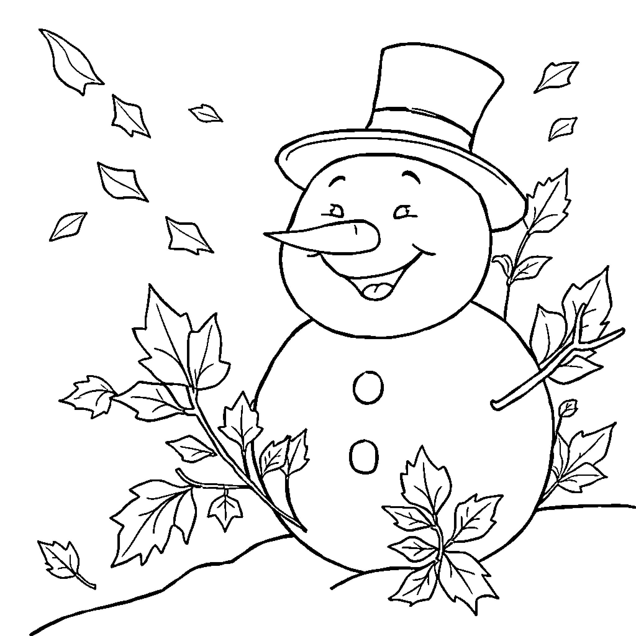 Snowman enjoying the autumn leaves Coloring Page (free black-and-white line drawing printable PDF for all, from beginners to advanced learners, including children, teens, adults, and seniors)