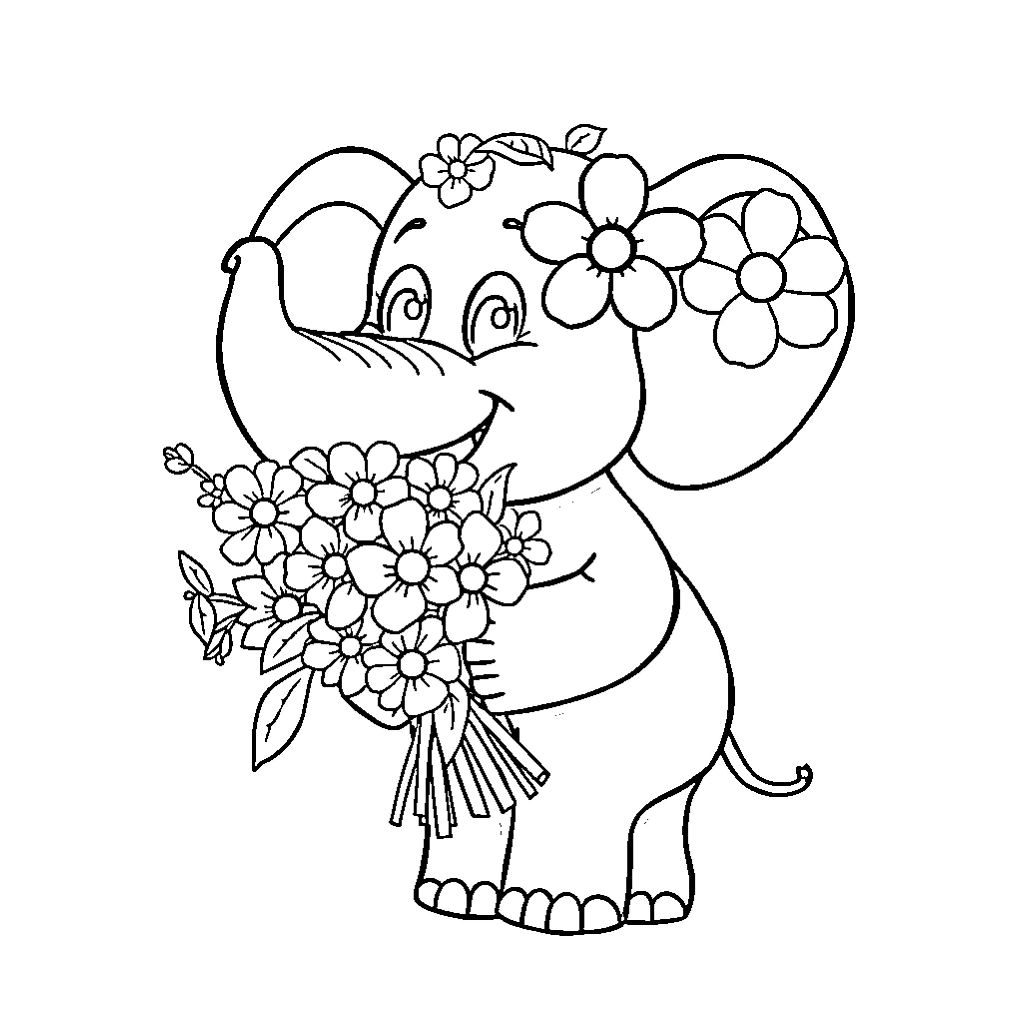 Elephant holding a bouquet of flowers Coloring Page (free black-and-white line drawing printable PDF for all, from beginners to advanced learners, including children, teens, adults, and seniors)