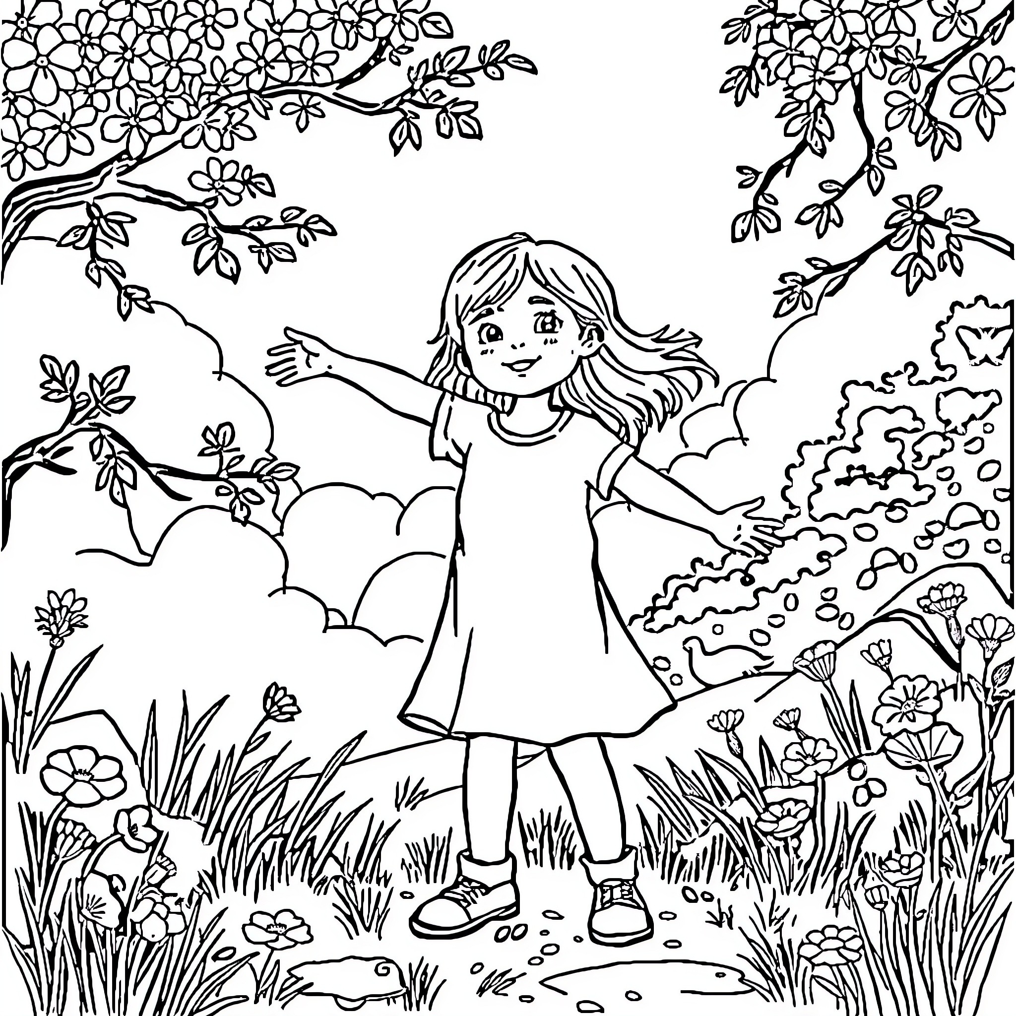 Girl joyfully exploring the outdoor nature scene Coloring Page (free black-and-white line drawing printable PDF for all, from beginners to advanced learners, including children, teens, adults, and seniors)