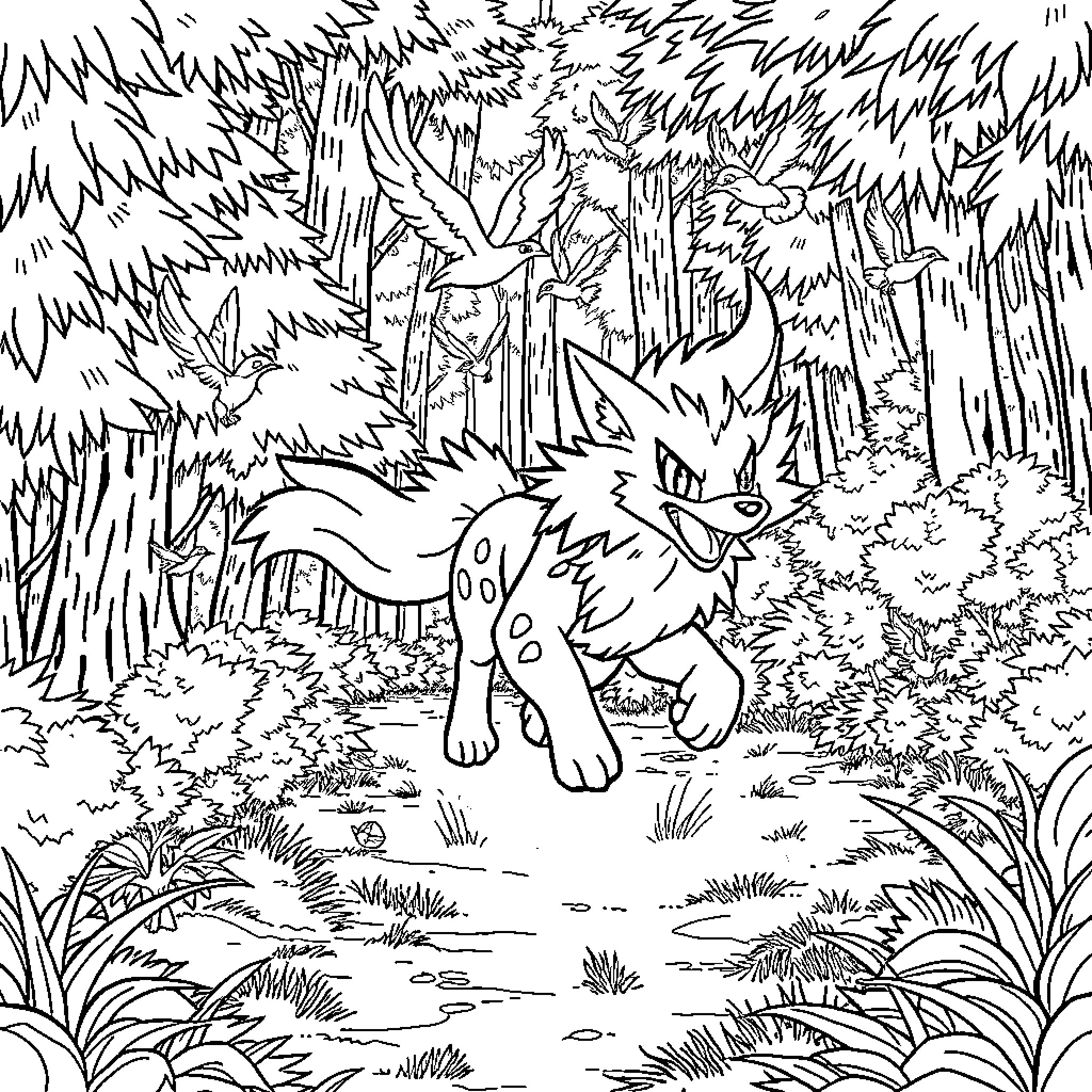 Arcanine exploring the enchanted forest Coloring Page (free black-and-white line drawing printable PDF for all, from beginners to advanced learners, including children, teens, adults, and seniors)