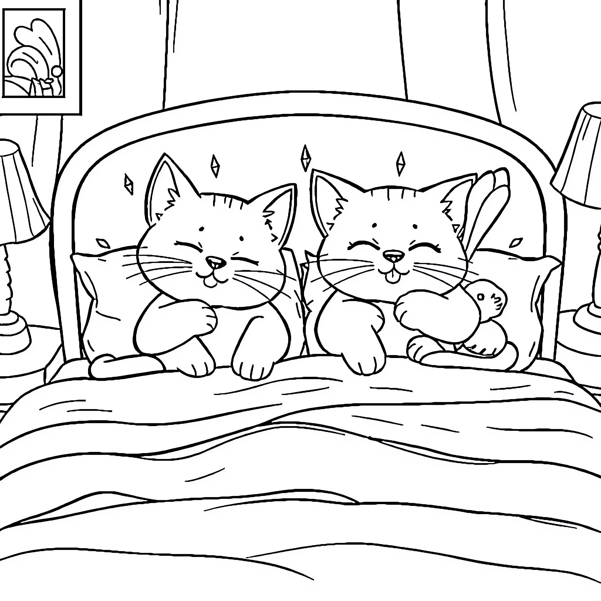 Kittens resting comfortably on a bed Coloring Page (free black-and-white line drawing printable PDF for all, from beginners to advanced learners, including children, teens, adults, and seniors)